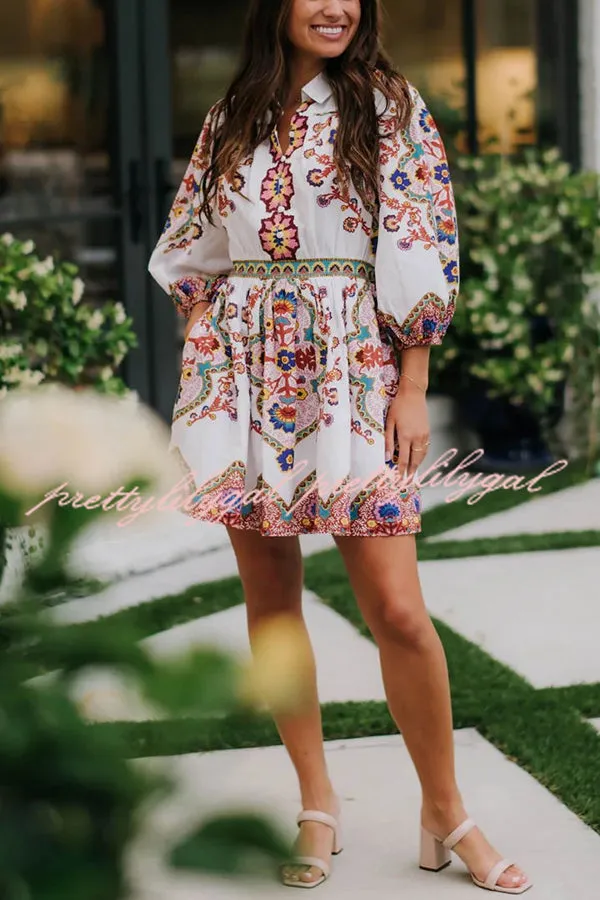 Fun and Vibrant Linen Blend Unique Print Puff Sleeve Pocketed Shirt Mini Dress
