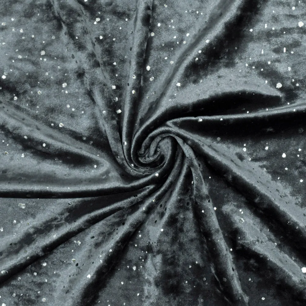 Galaxy Blue-Silver Drip Dot Pattern Printed Stretch Velvet Knit Fabric