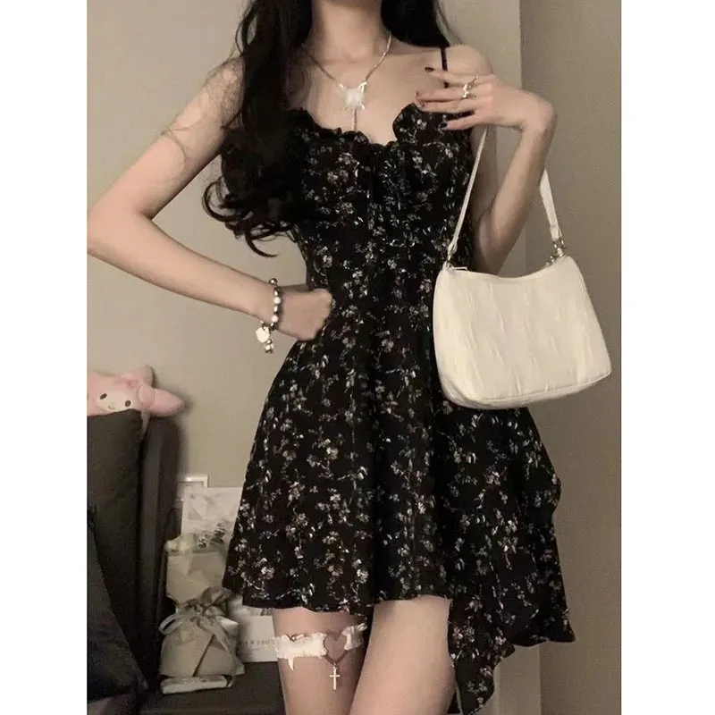 Girlary Black Floral Print Ssling Dresses Women Summer Vintage Spaghetti Strap Mini Dress Female Elegant Slim Ruffles A-Line Dress