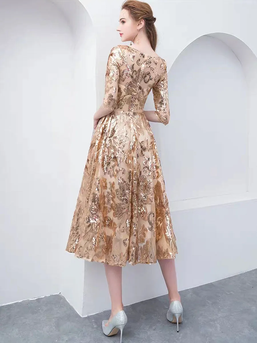 Gold Jewel Neck Half Sleeves Ball Gown Sequins Bridesmaid Dress
