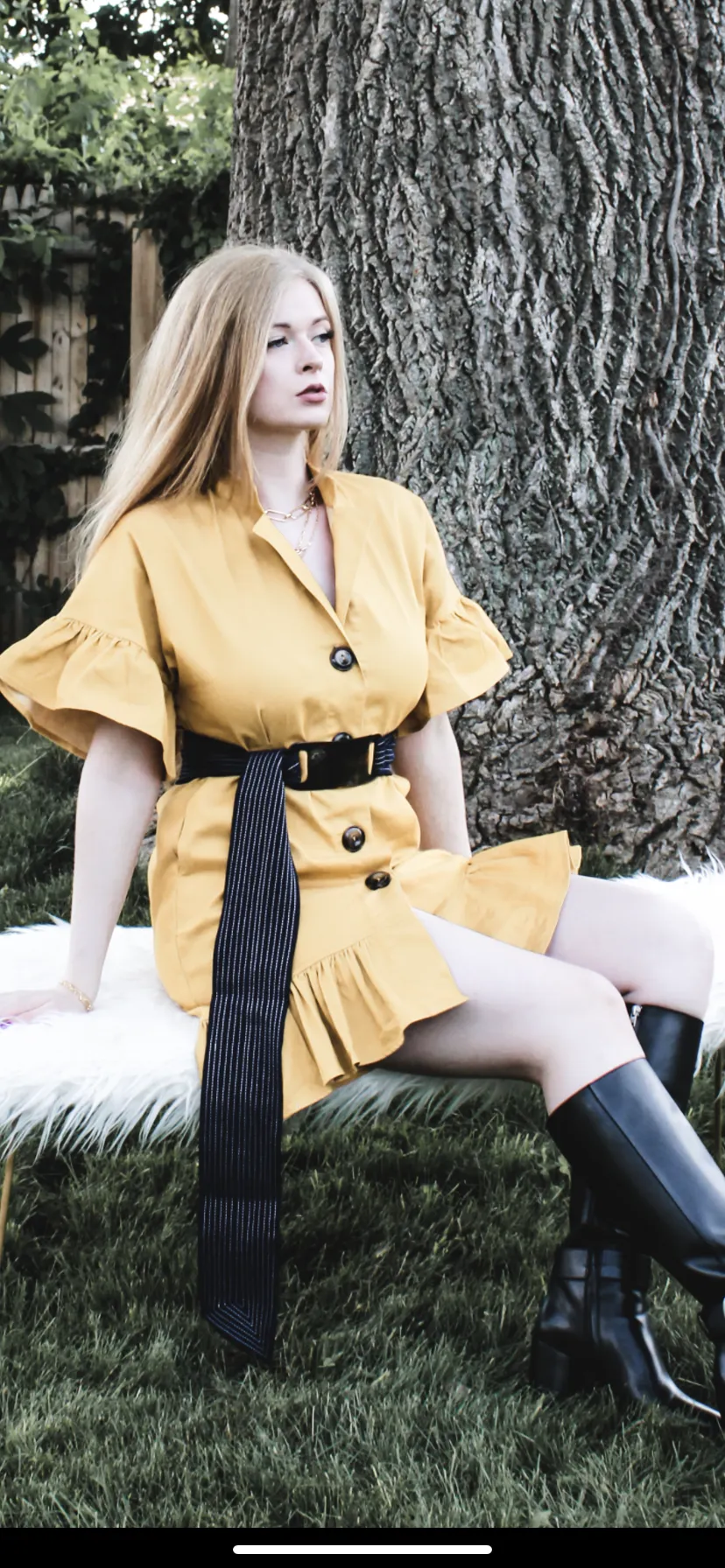 Golden Mustard High Low Dress With Navy & White Belt