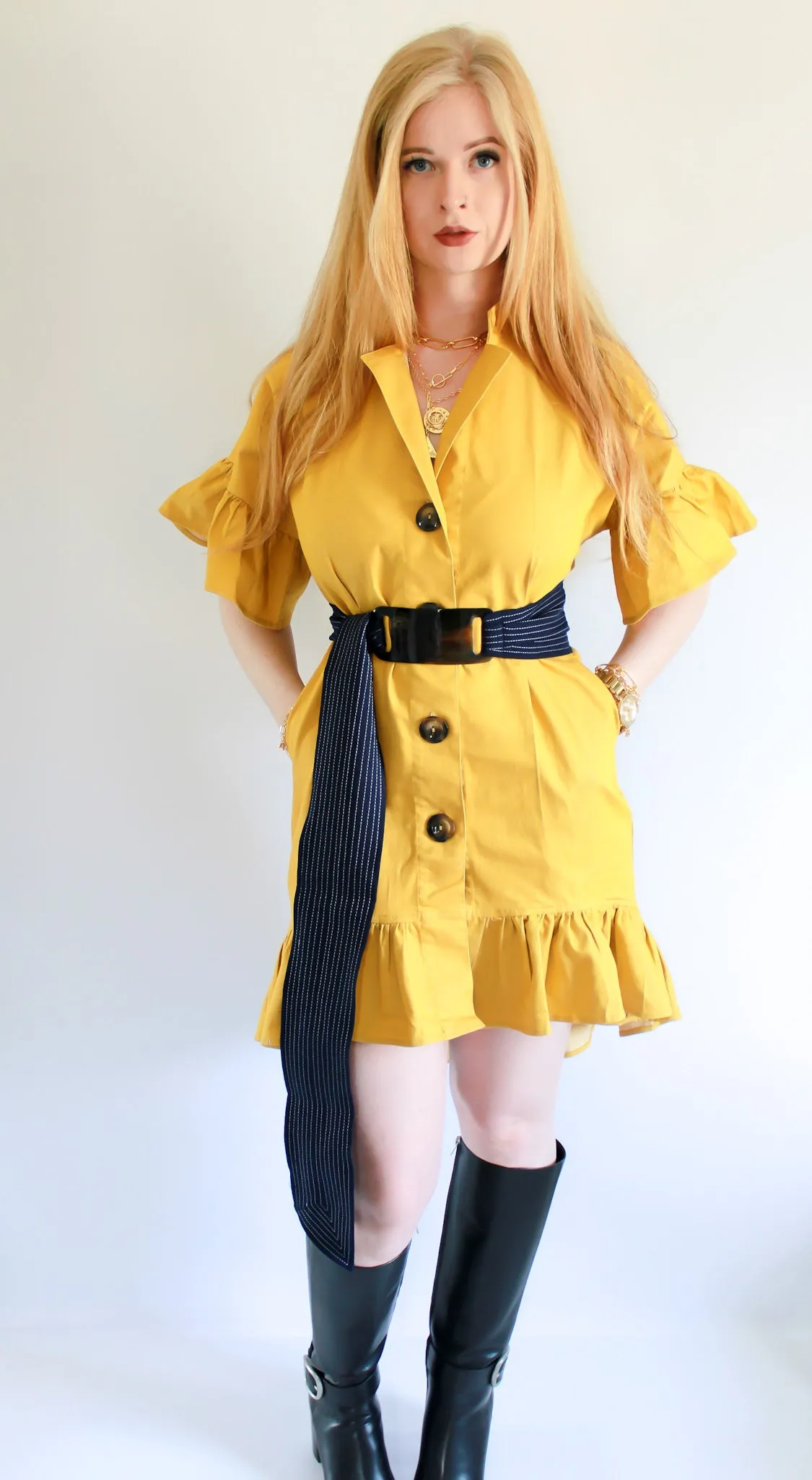 Golden Mustard High Low Dress With Navy & White Belt
