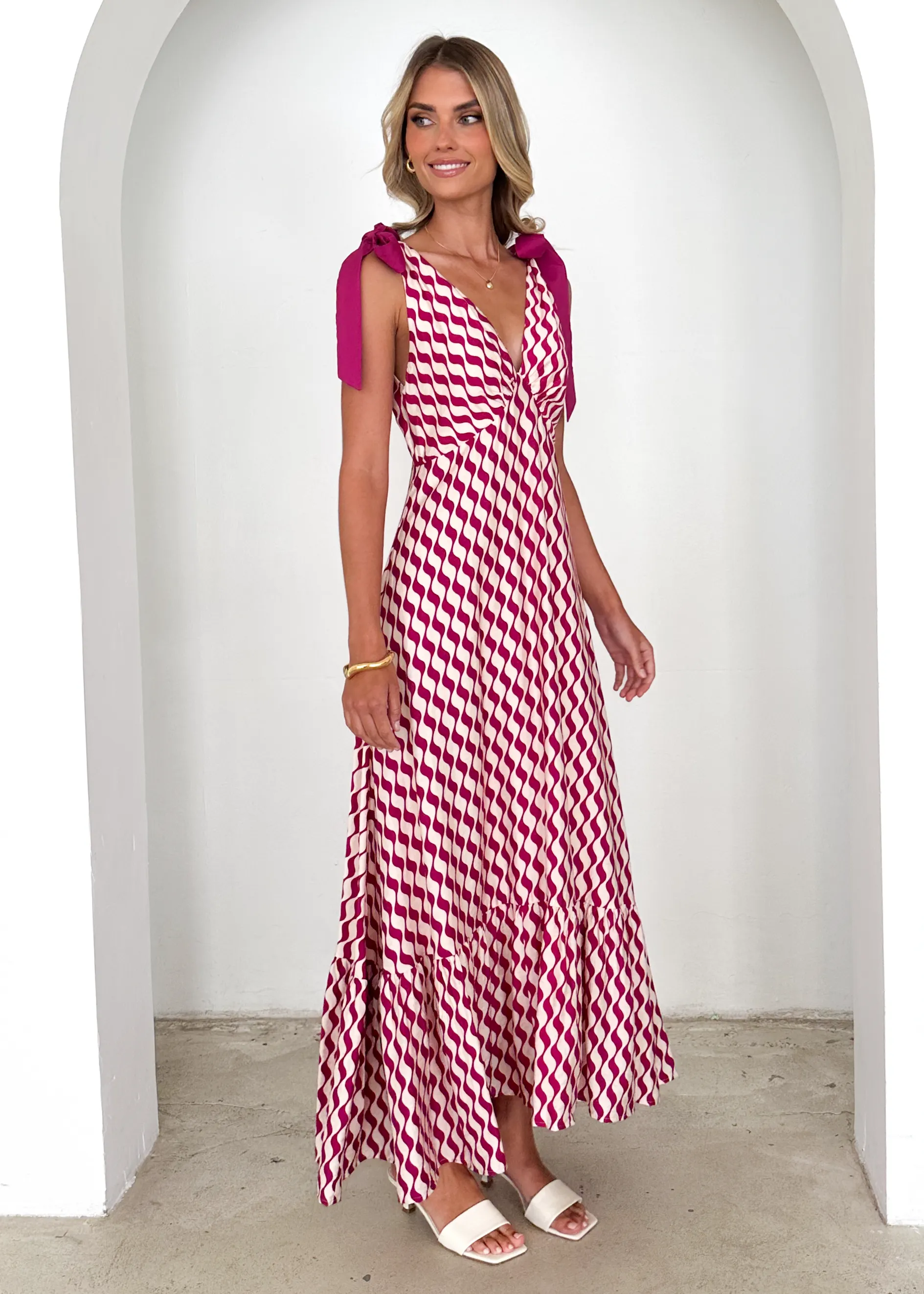 Havannah Tie Midi Dress - Magenta Wave