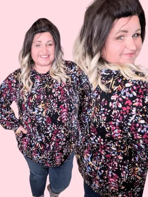 Jaymes Long Sleeve Crewneck Top in Black   Bright Botanicals