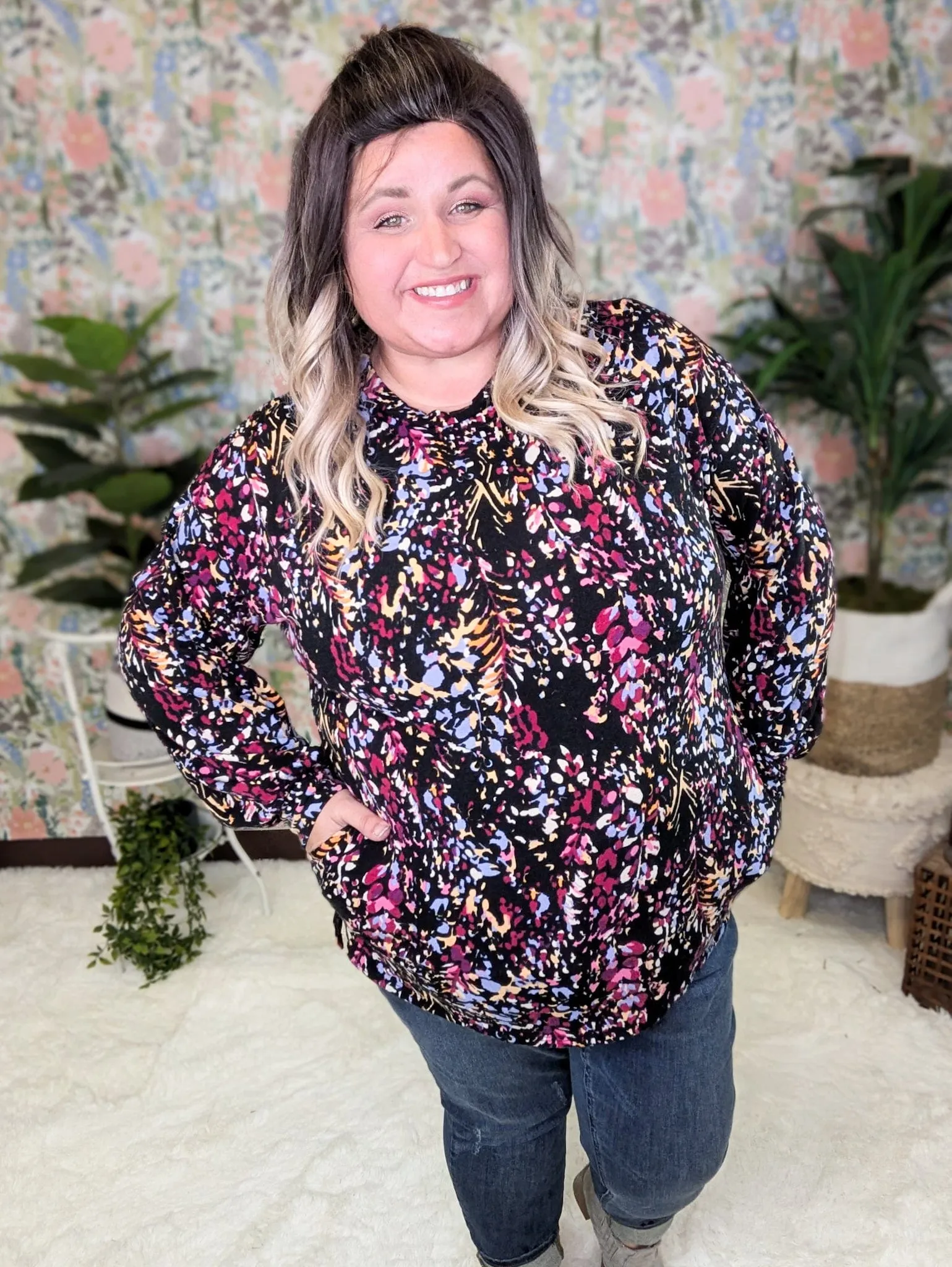 Jaymes Long Sleeve Crewneck Top in Black   Bright Botanicals