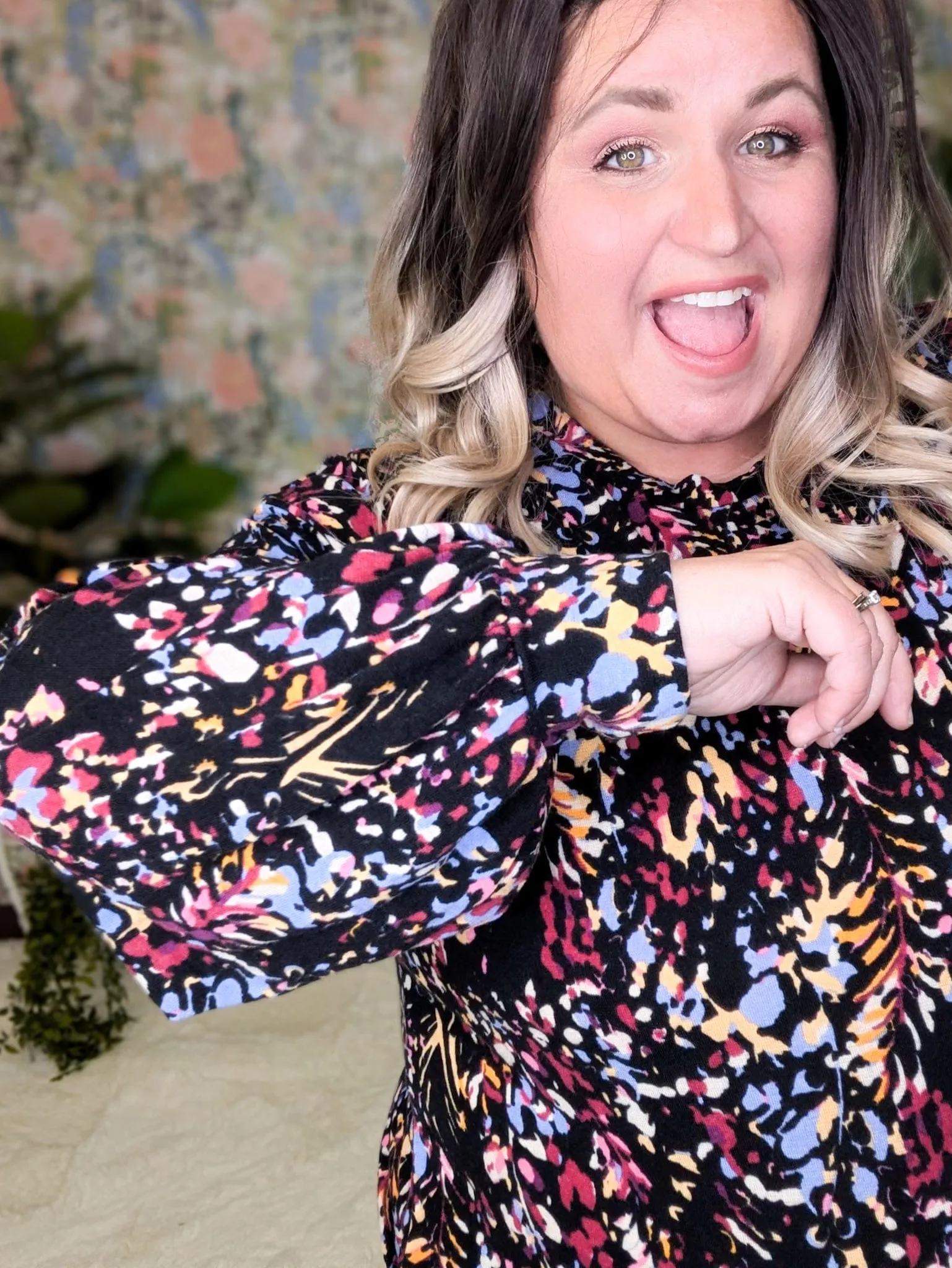 Jaymes Long Sleeve Crewneck Top in Black   Bright Botanicals