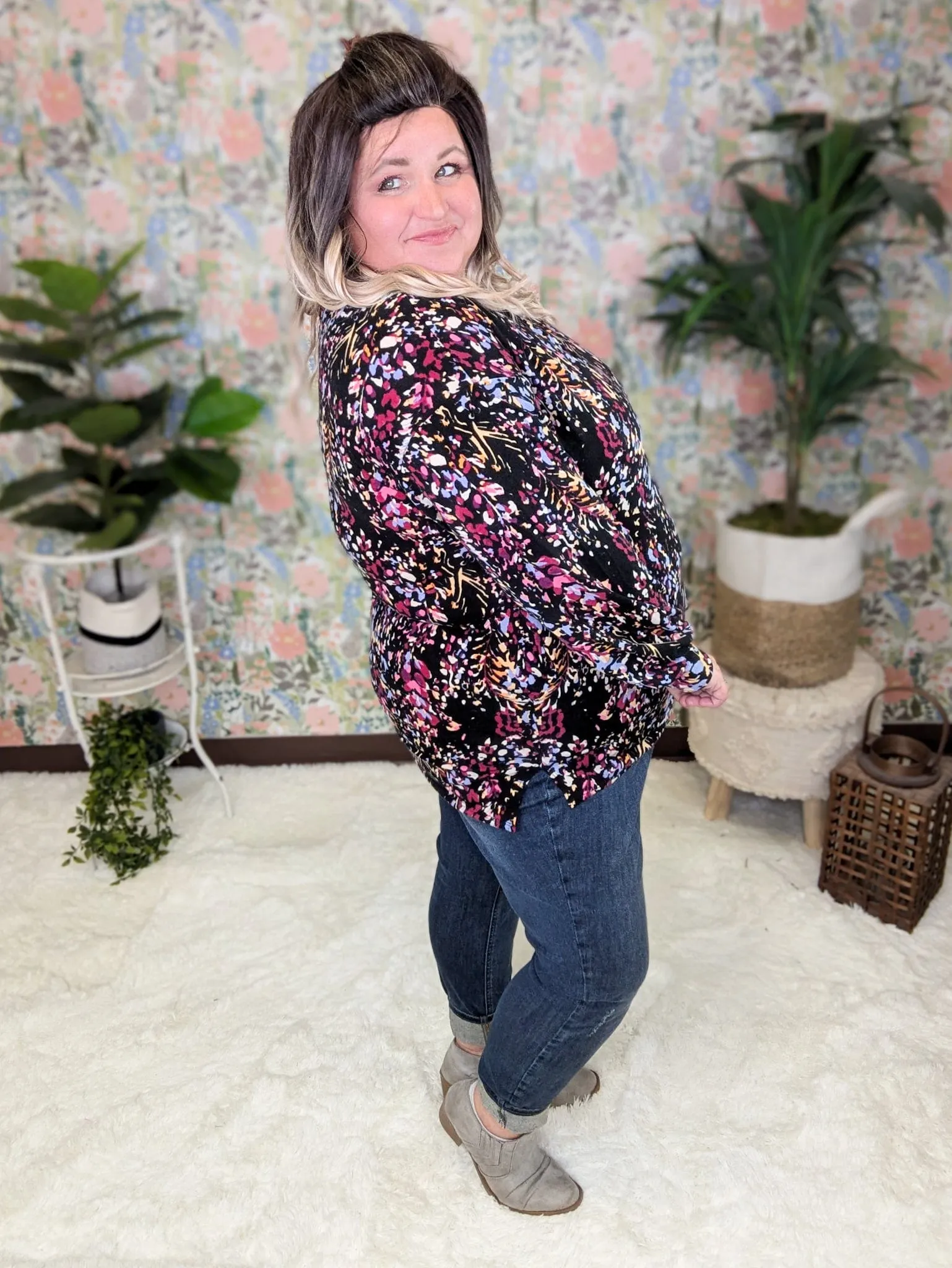 Jaymes Long Sleeve Crewneck Top in Black   Bright Botanicals