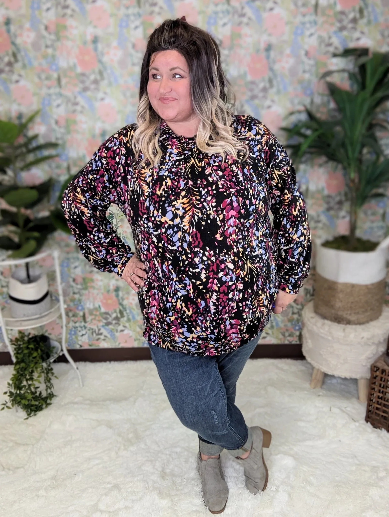 Jaymes Long Sleeve Crewneck Top in Black   Bright Botanicals