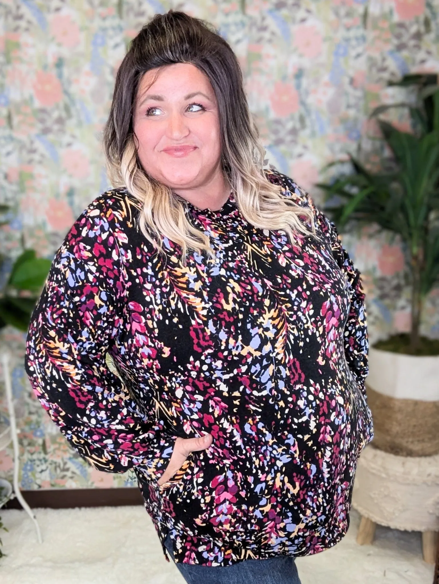 Jaymes Long Sleeve Crewneck Top in Black   Bright Botanicals