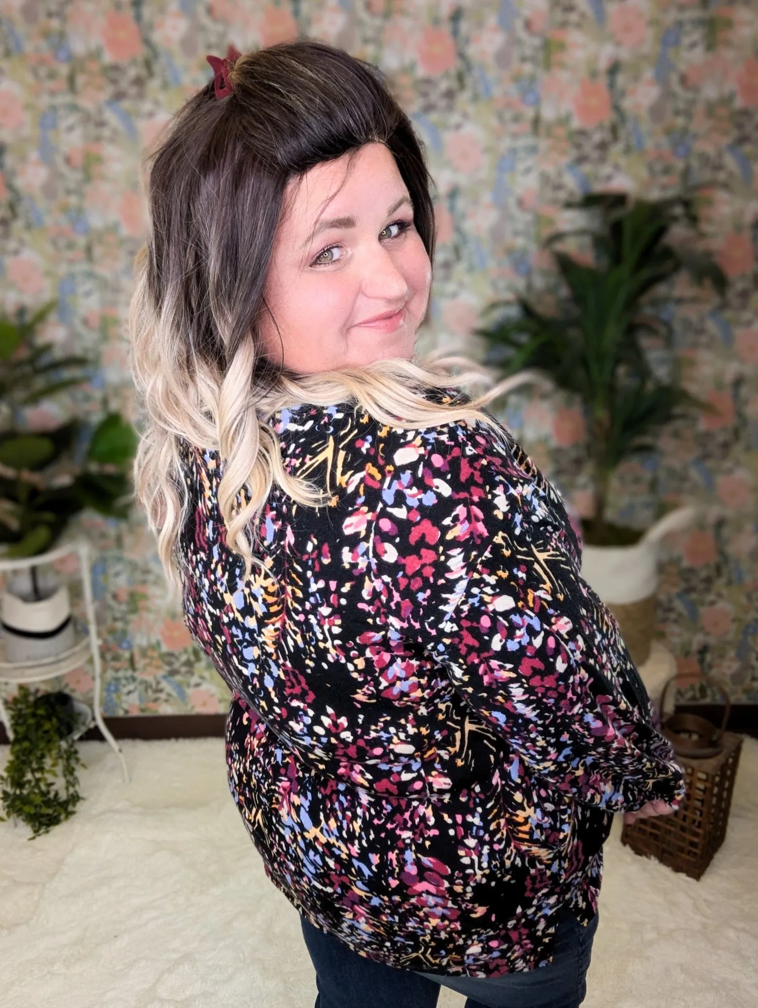 Jaymes Long Sleeve Crewneck Top in Black   Bright Botanicals