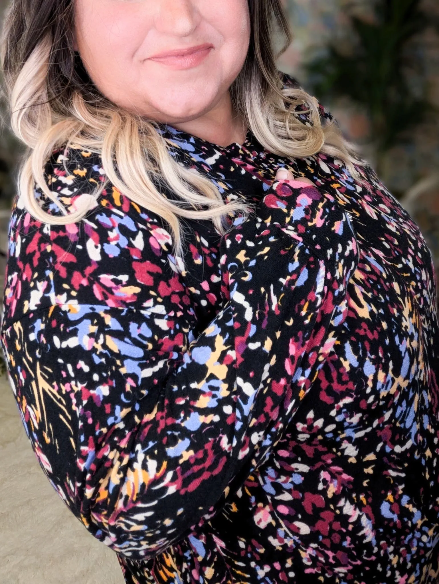Jaymes Long Sleeve Crewneck Top in Black   Bright Botanicals