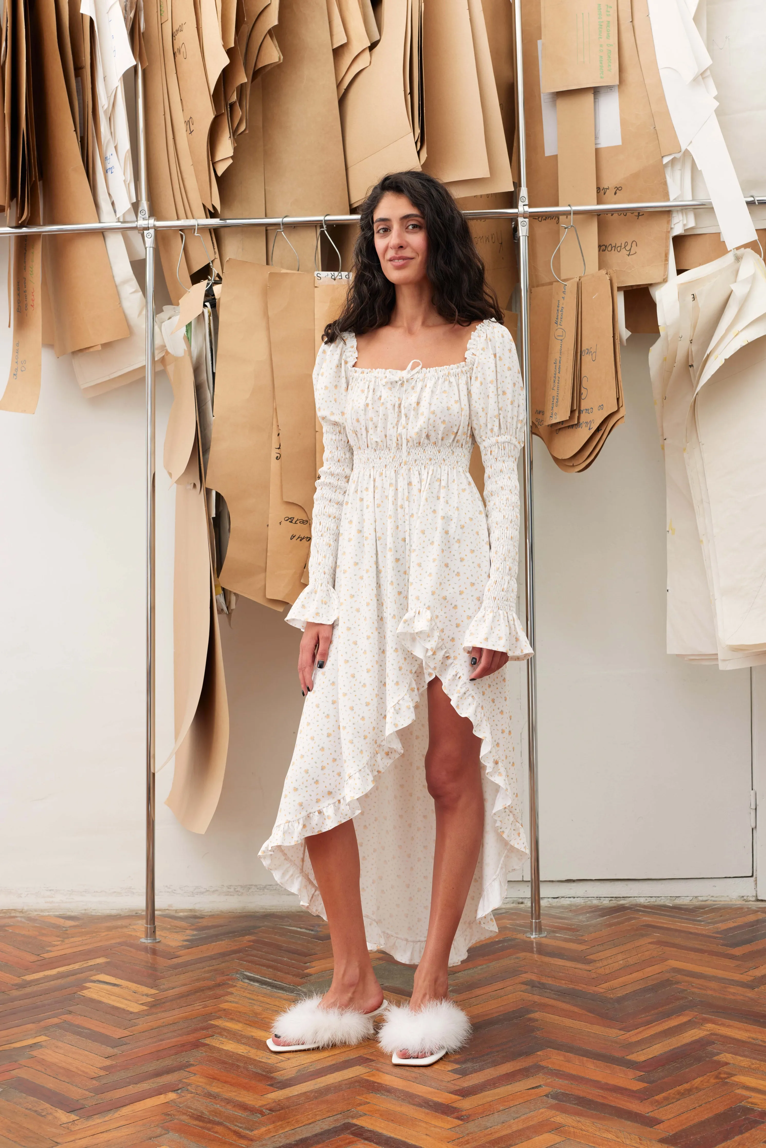 Juliette Shirred Asymmetric Dress in Mimosa Print