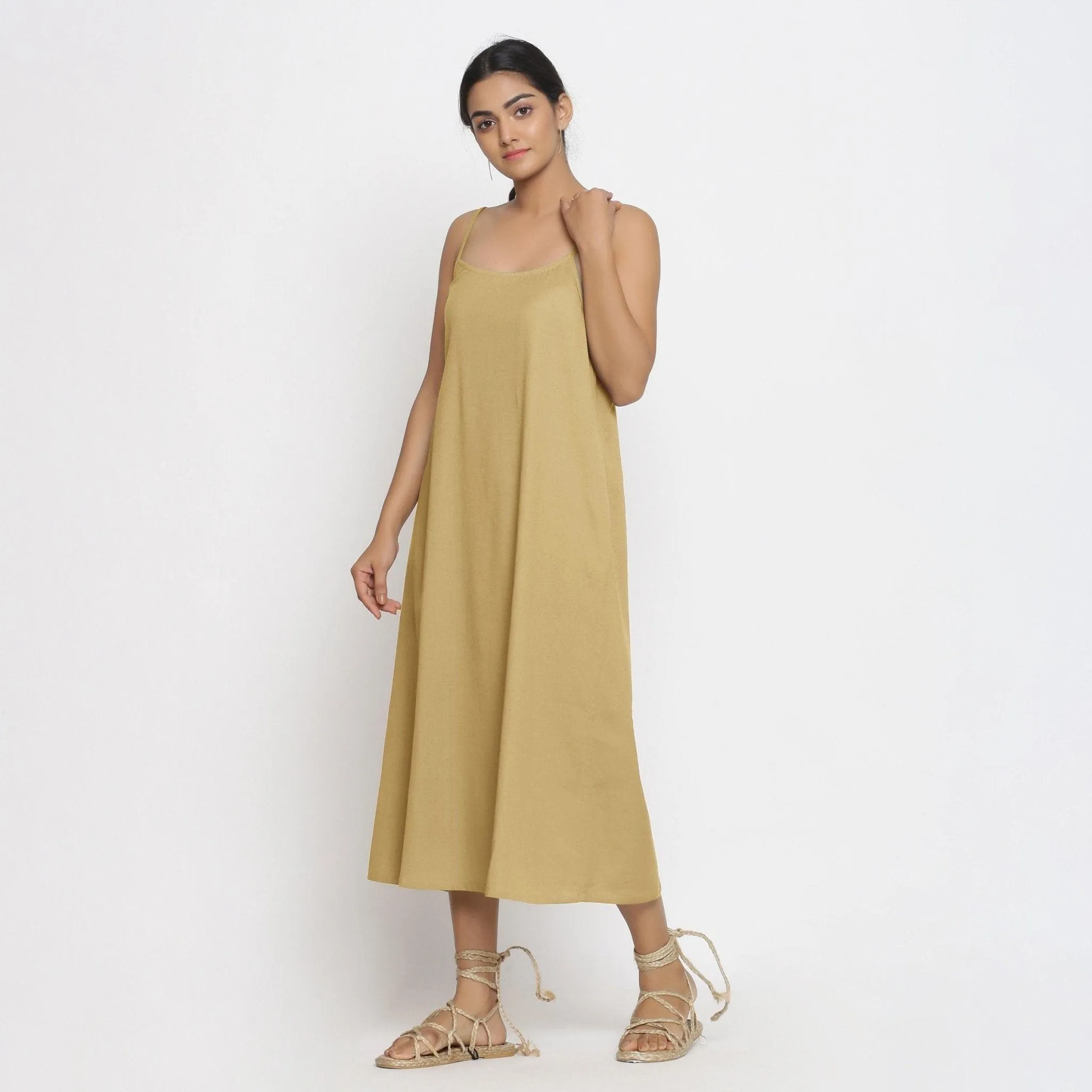 Light Khaki Cotton Flax Strappy A-Line Midi Dress