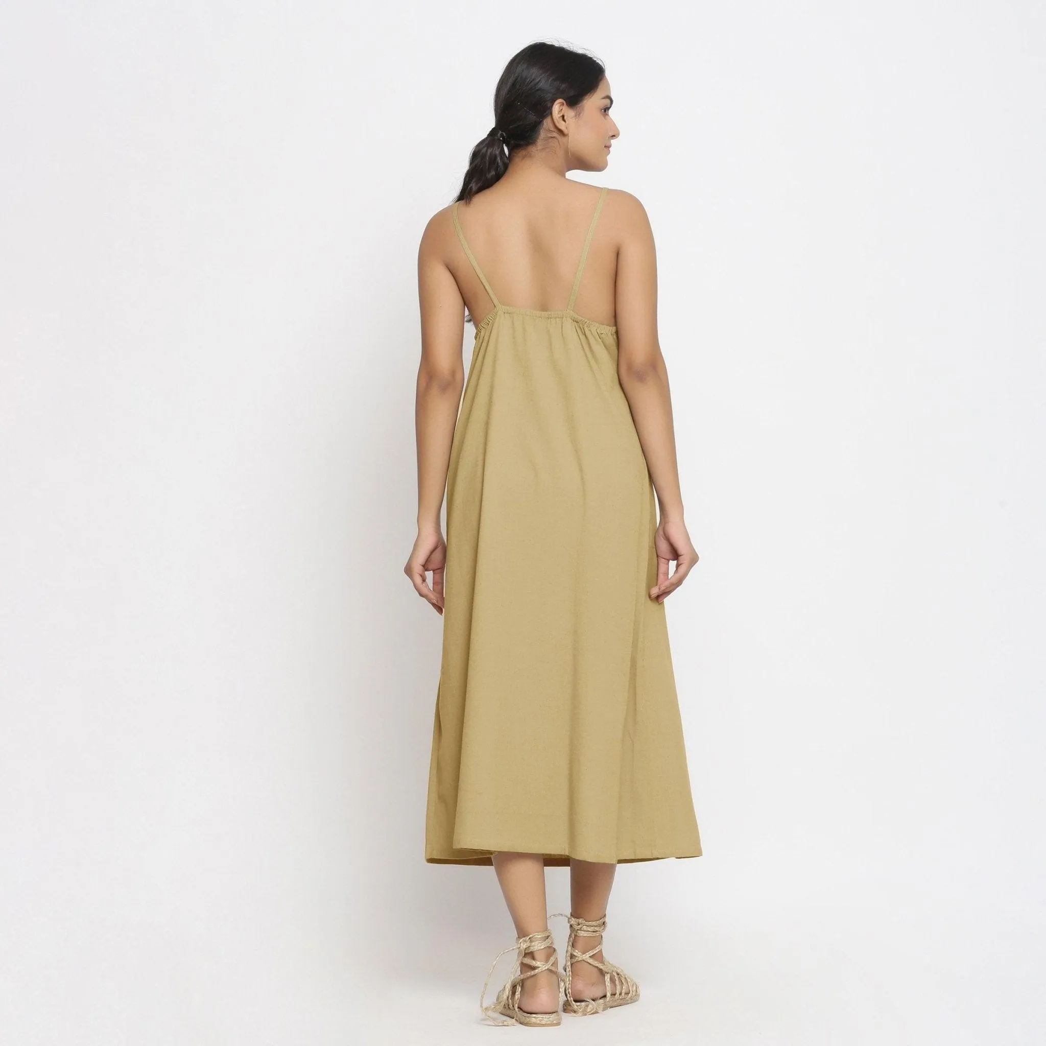 Light Khaki Cotton Flax Strappy A-Line Midi Dress