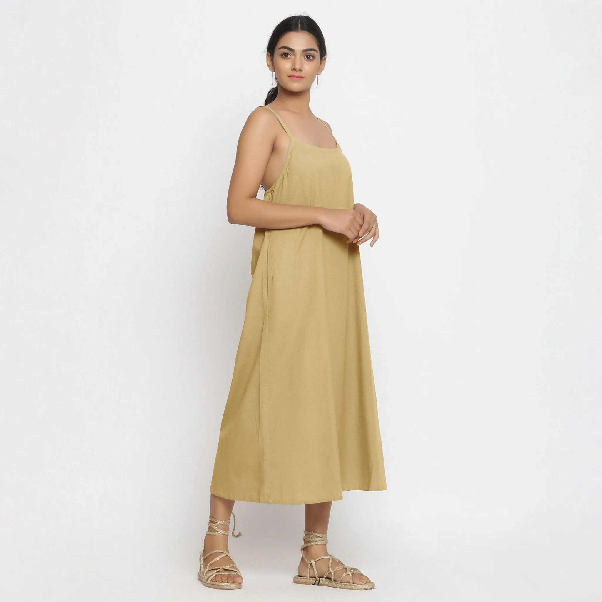 Light Khaki Cotton Flax Strappy A-Line Midi Dress