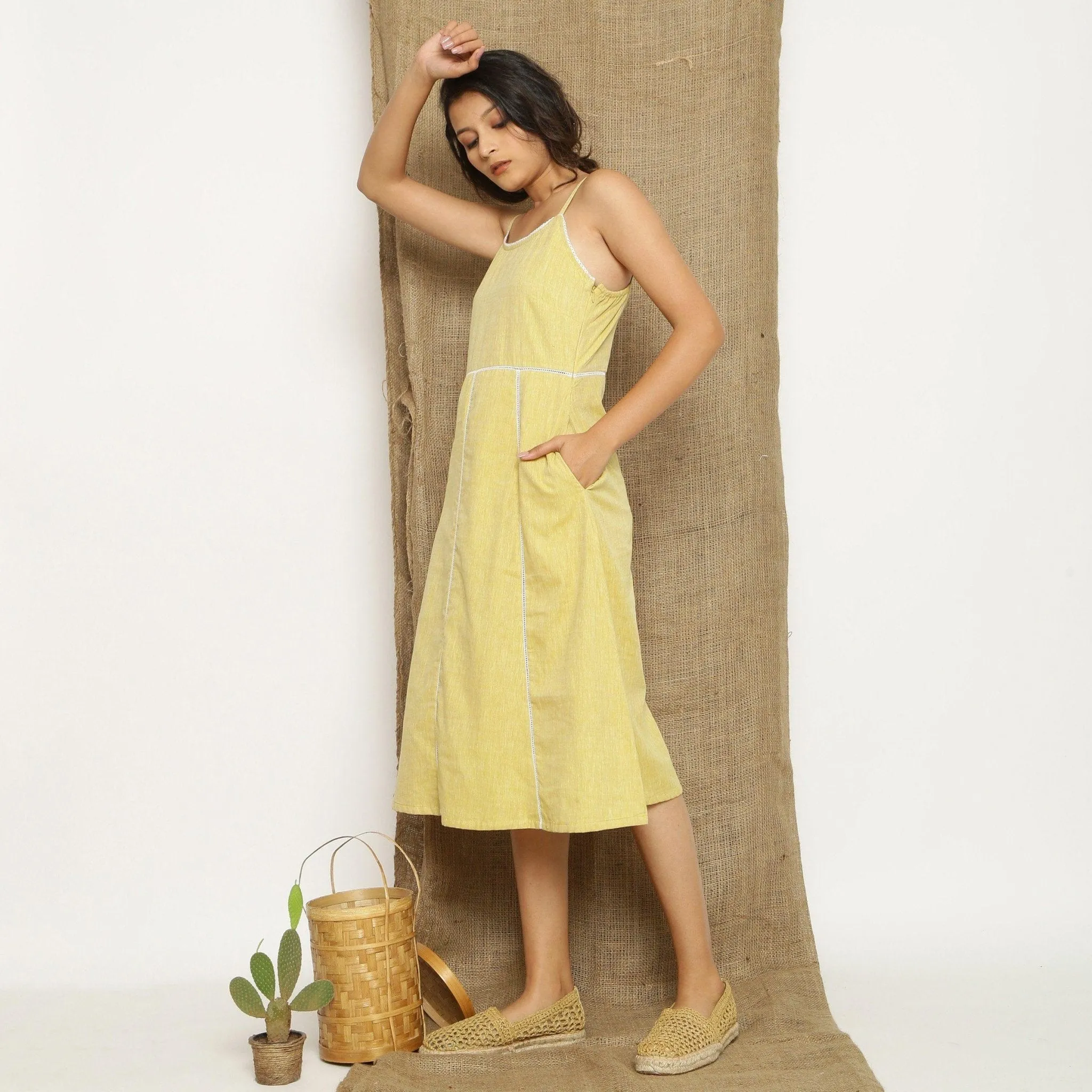 Light Yellow Handspun Cotton Lace Camisole Midi Dress