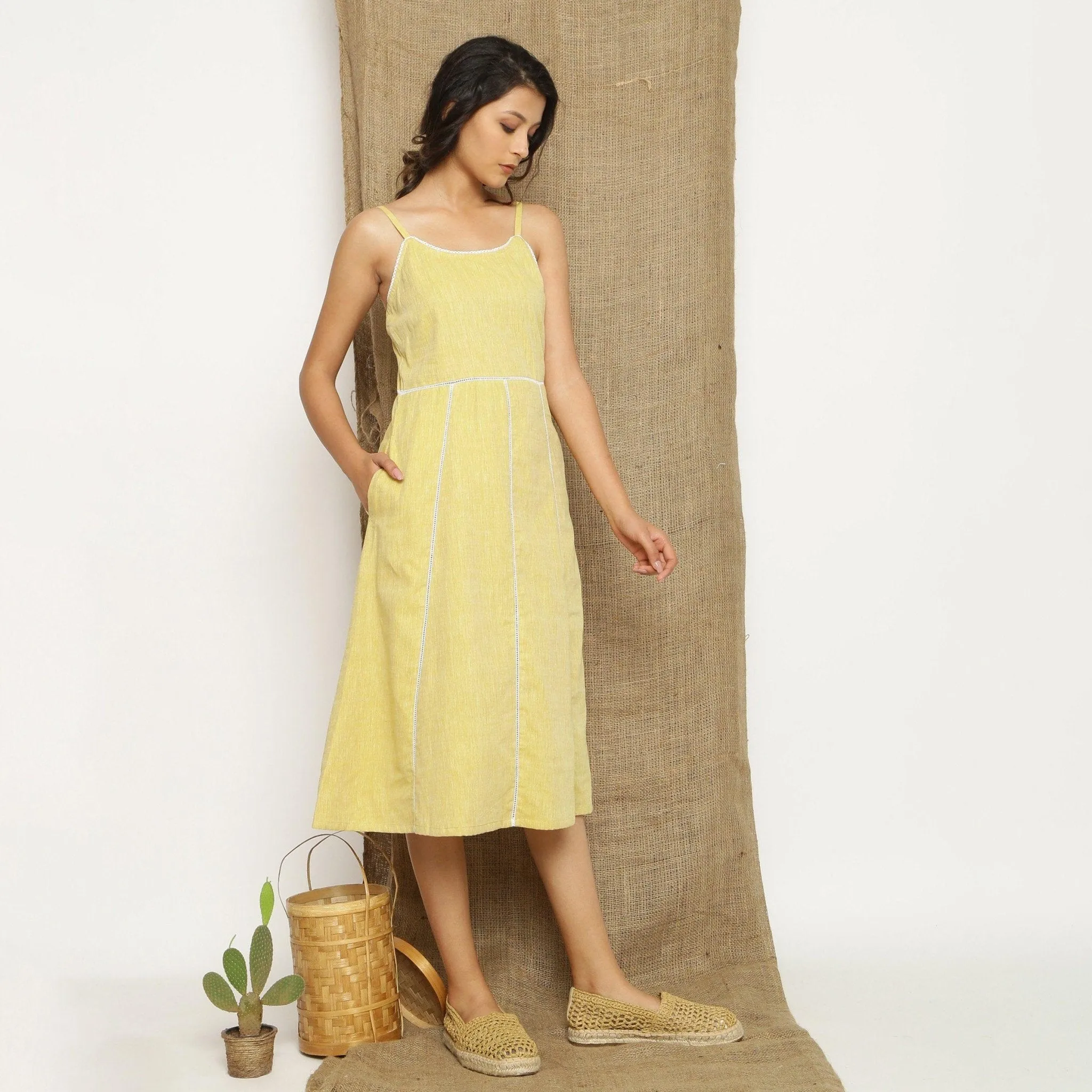Light Yellow Handspun Cotton Lace Camisole Midi Dress