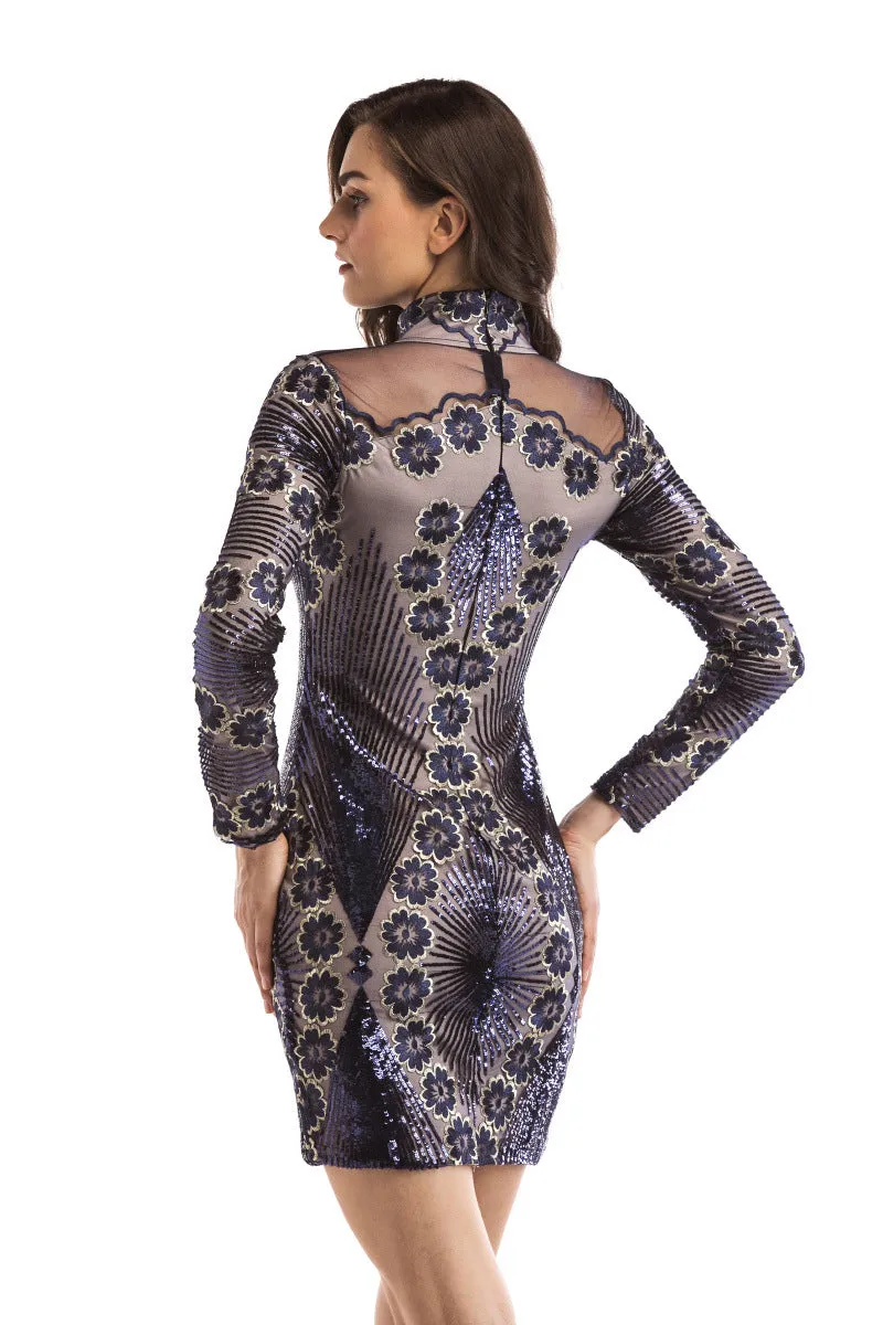 Long Sleeve High Neck Sequined Mini Short Dress