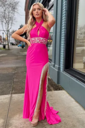 Lulie | Cross-Front Beaded Fringe Long Prom Dress with Slit