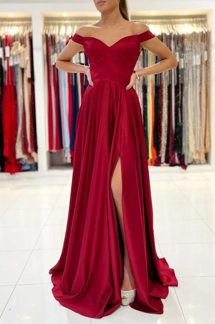 Luolandi Burgundy Satin Long Prom Dresses A-Line Off the Shoulder Evening Dresses Party Dress