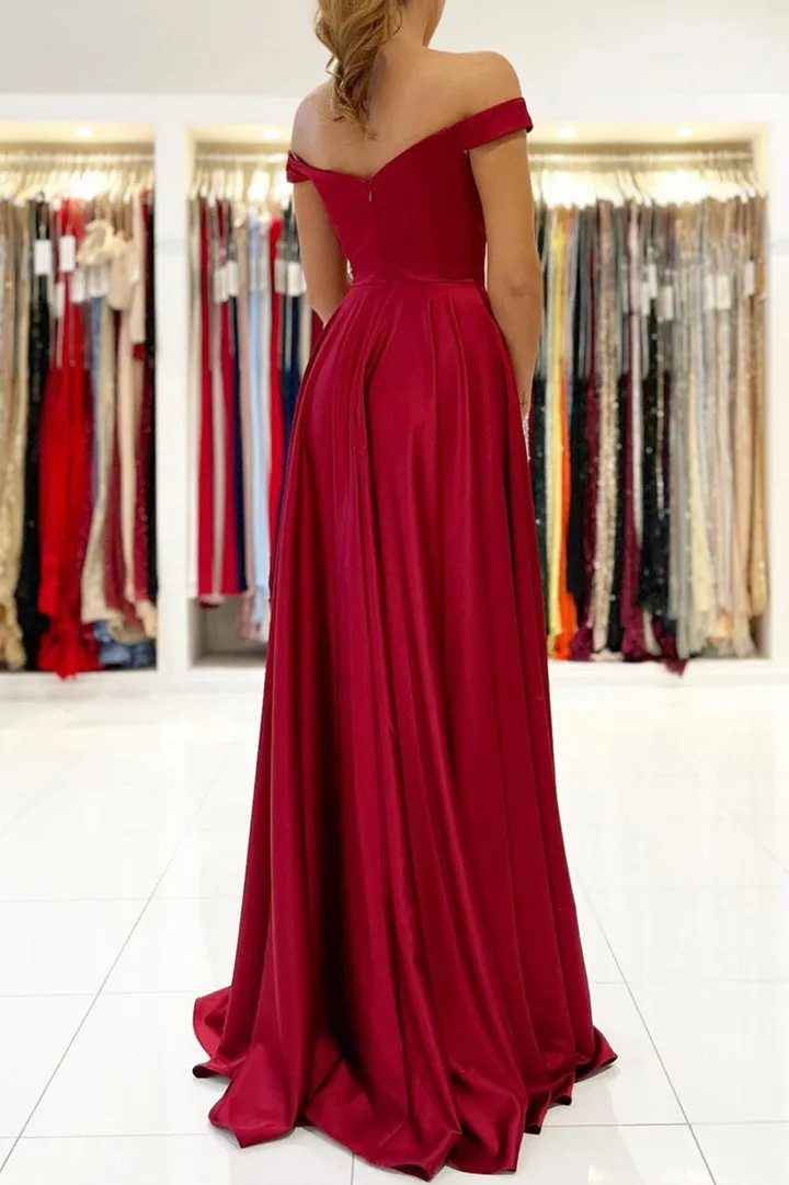 Luolandi Burgundy Satin Long Prom Dresses A-Line Off the Shoulder Evening Dresses Party Dress