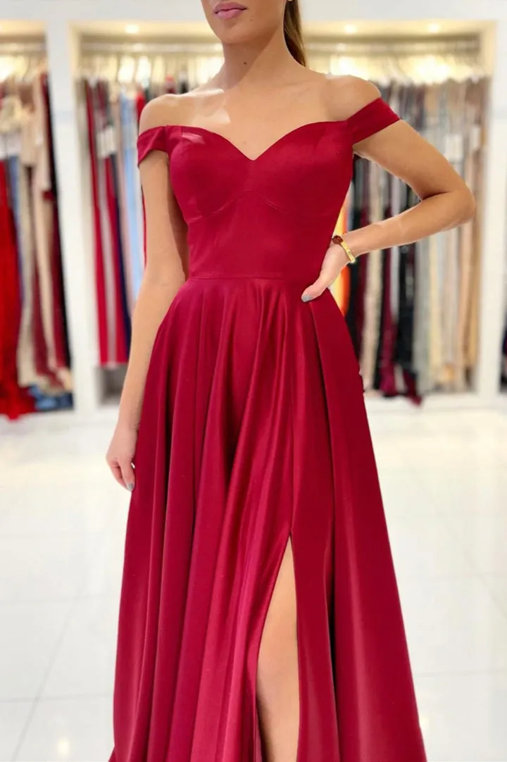 Luolandi Burgundy Satin Long Prom Dresses A-Line Off the Shoulder Evening Dresses Party Dress