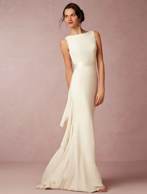 Luolandi Hall Open Back Casual Wedding Dresses Sheath / Column Scoop Neck Sleeveless Sweep / Brush Train Stretch Fabric Bridal Gowns With Draping Fall Wedding Party