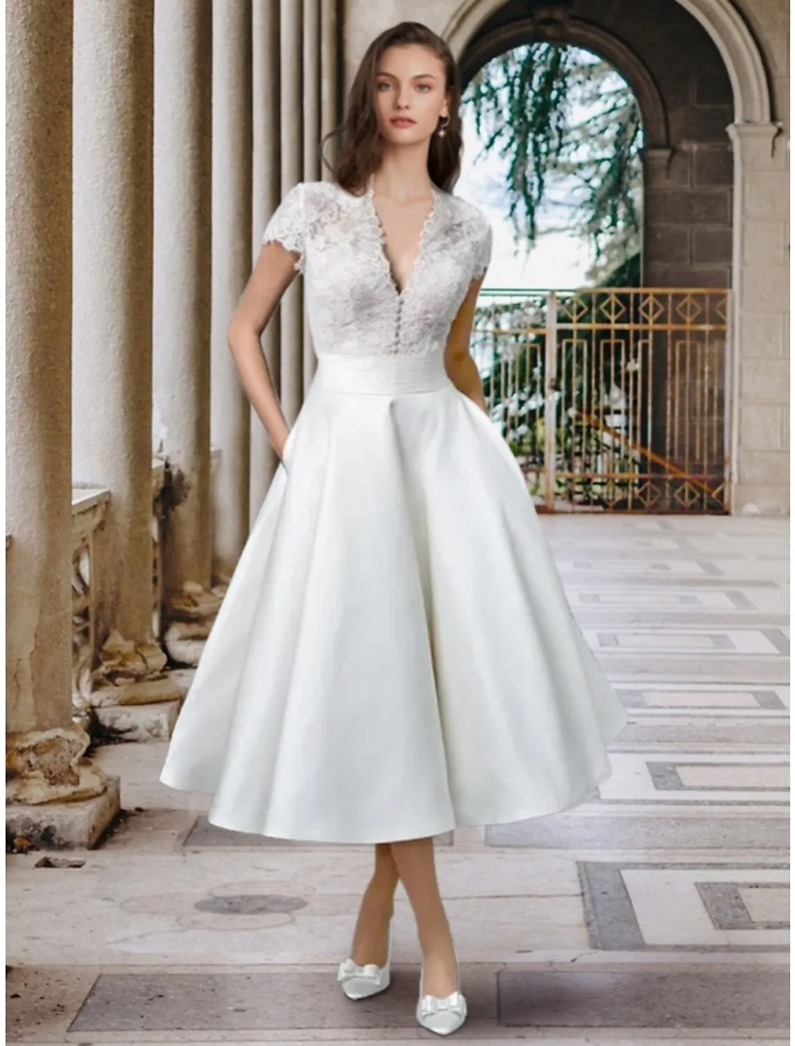 Luolandi Little White Dresses Wedding Dresses A-Line V Neck Short Sleeve Tea Length Satin Bridal Gowns With Pleats