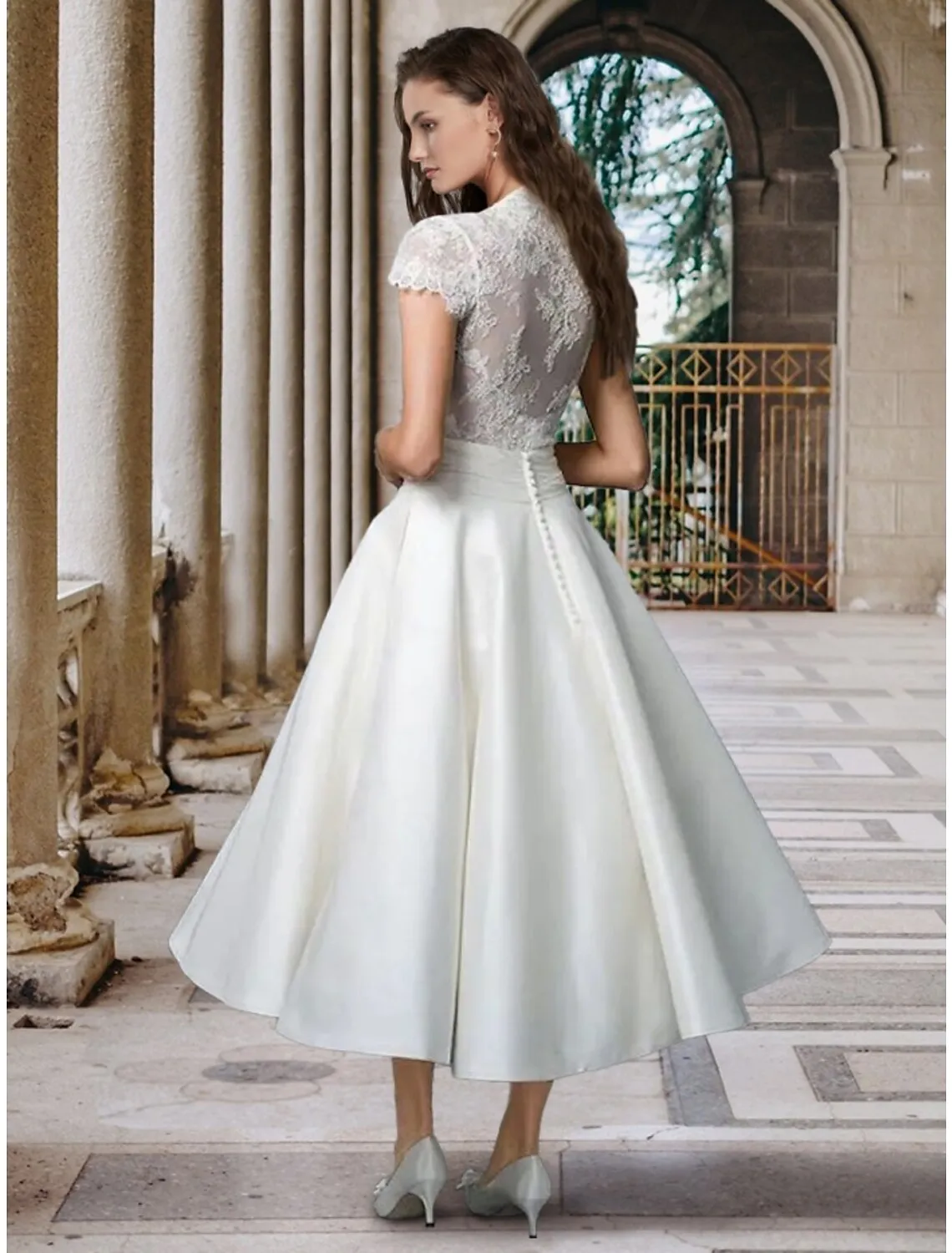 Luolandi Little White Dresses Wedding Dresses A-Line V Neck Short Sleeve Tea Length Satin Bridal Gowns With Pleats