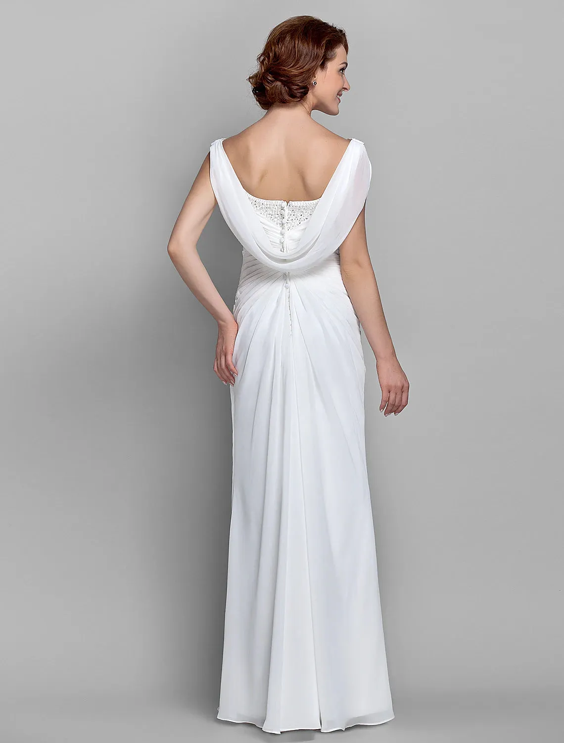 Luolandi Sheath / Column Mother of the Bride Dress Fall Wedding Guest Dresses Vintage Inspired Cowl Neck Floor Length Chiffon Sleeveless with Buttons Criss Cross