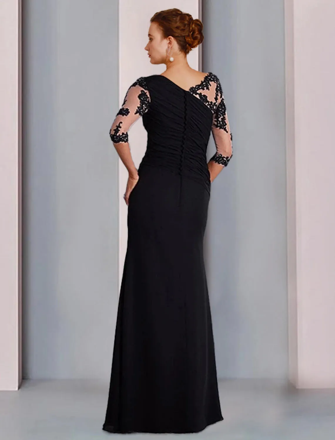 Luolandi Sheath / Column Mother of the Bride Dress Formal Fall Wedding Guest Dresses Elegant Jewel Neck Floor Length Chiffon Lace 3/4 Length Sleeve