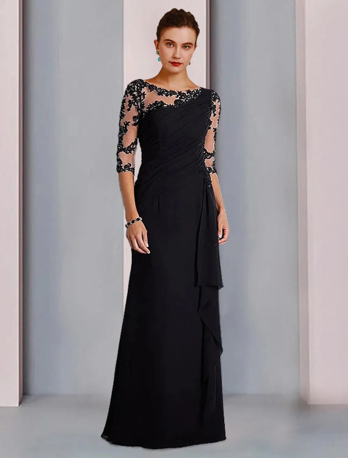 Luolandi Sheath / Column Mother of the Bride Dress Formal Fall Wedding Guest Dresses Elegant Jewel Neck Floor Length Chiffon Lace 3/4 Length Sleeve