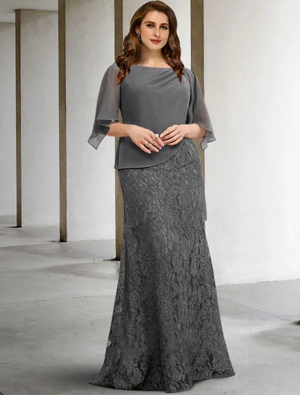 Luolandi Sheath / Column Mother of the Bride Dresses Plus Size Hide Belly Curve Elegant Dress Formal Floor Length Half Sleeve Jewel Neck Chiffon