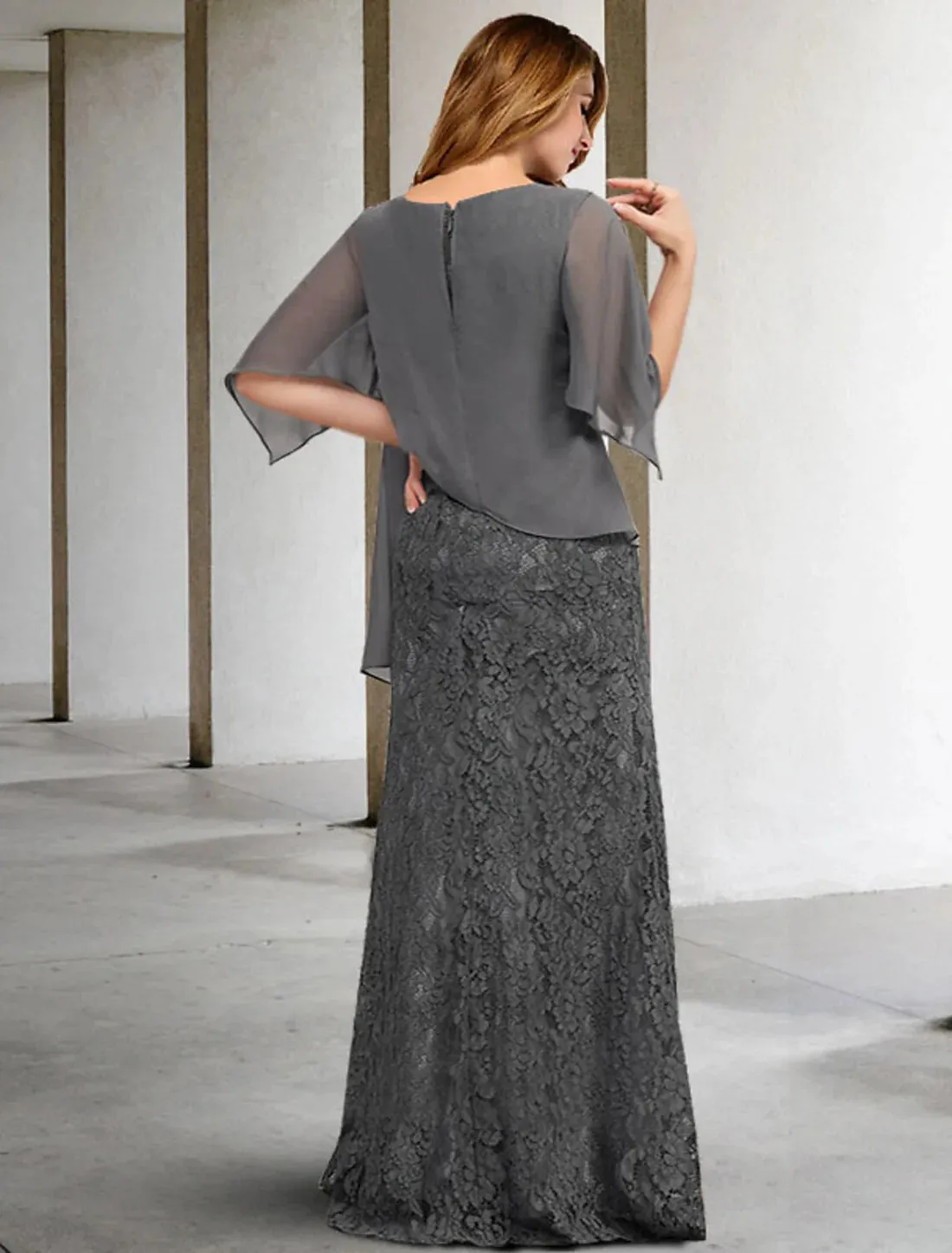 Luolandi Sheath / Column Mother of the Bride Dresses Plus Size Hide Belly Curve Elegant Dress Formal Floor Length Half Sleeve Jewel Neck Chiffon
