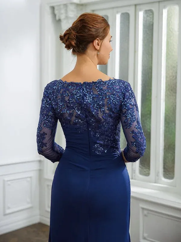 Luolandi Sheath/Column Chiffon Applique Bateau 3/4 Sleeves Floor-Length Mother of the Bride Dresses Beautiful