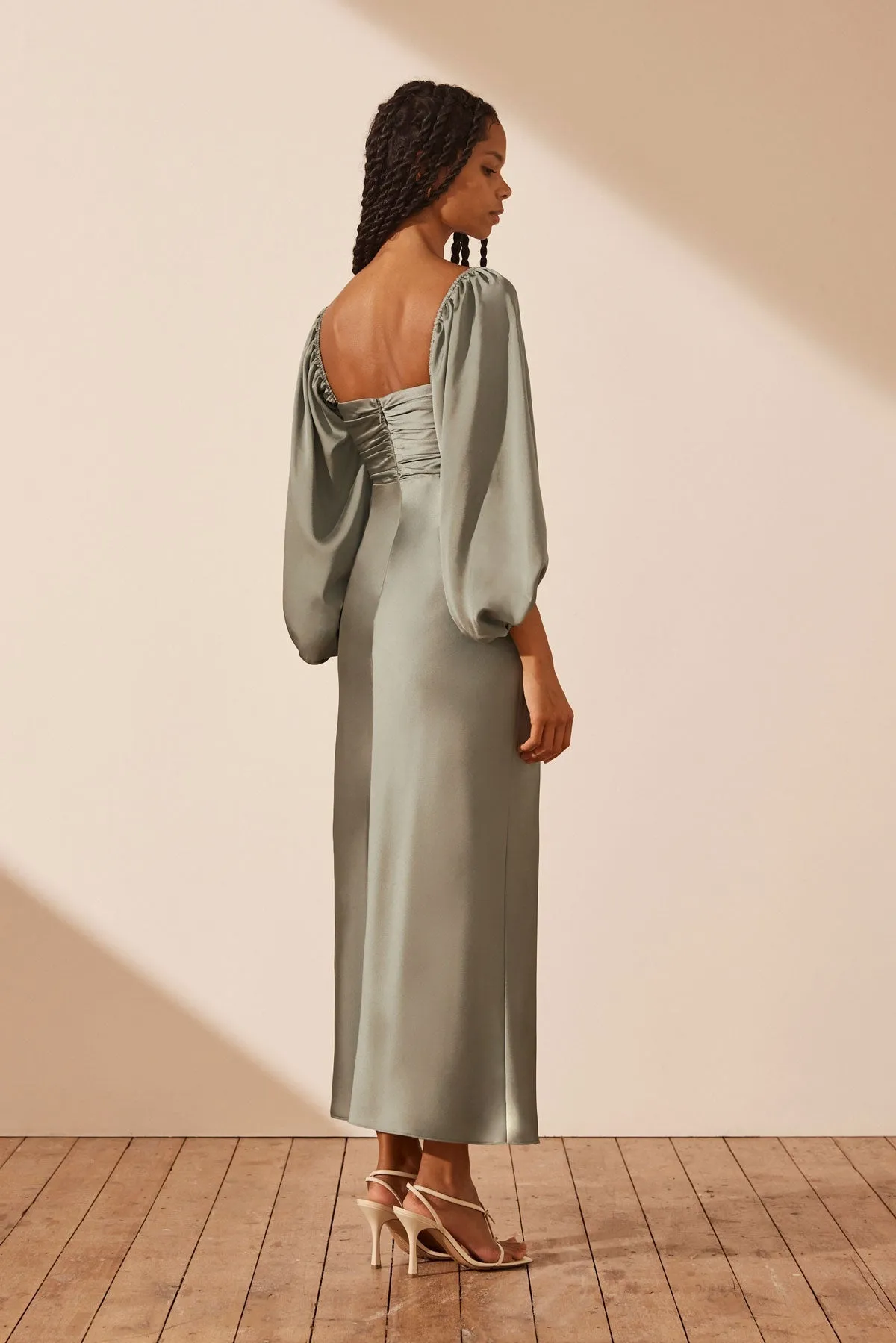 LUXE RUCHED BODICE LONG SLEEVE MIDI DRESS - EUCALYPTUS