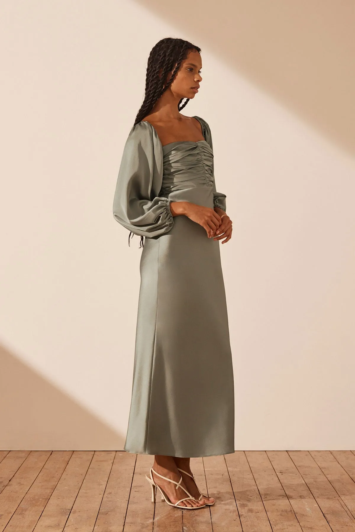 LUXE RUCHED BODICE LONG SLEEVE MIDI DRESS - EUCALYPTUS