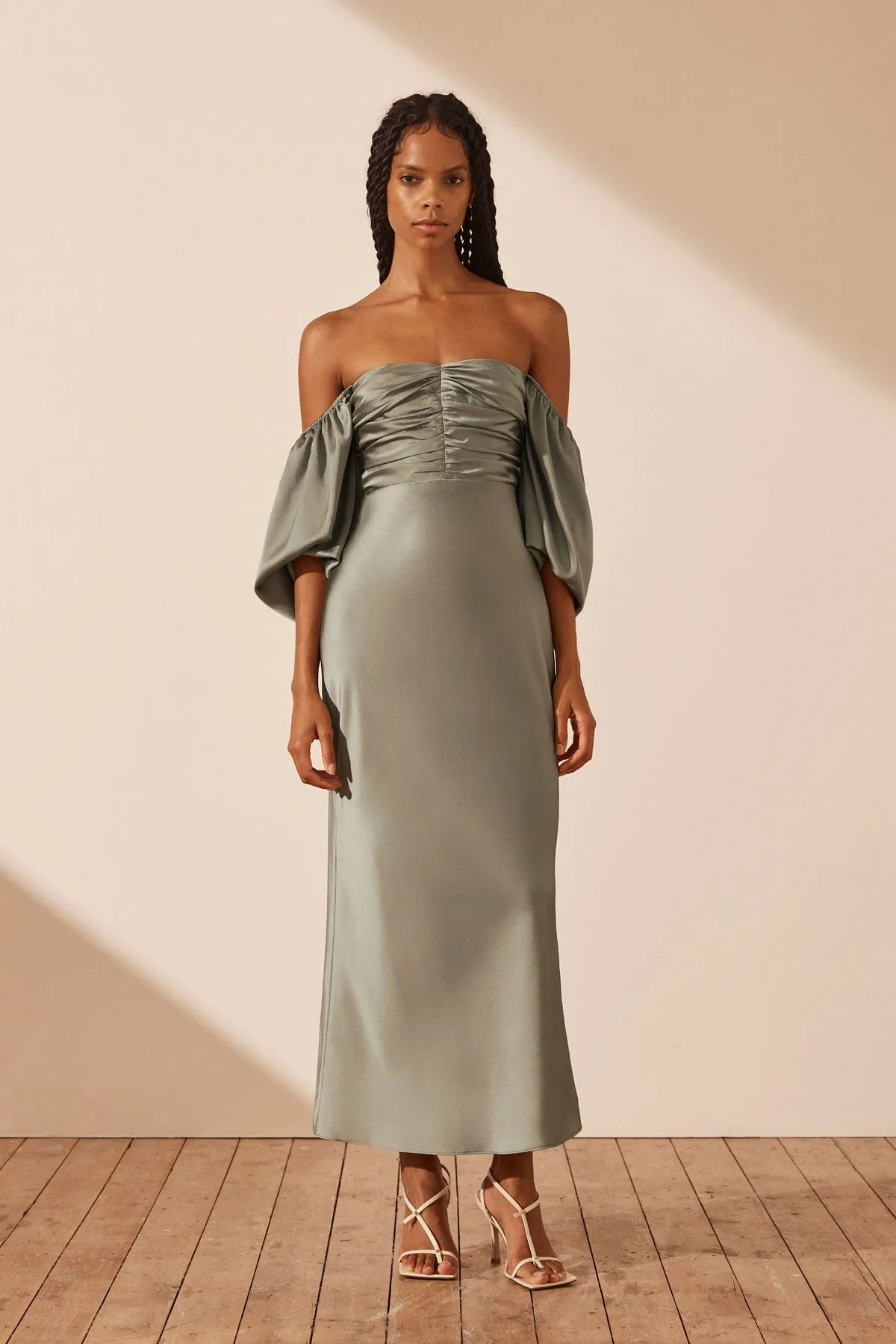 LUXE RUCHED BODICE LONG SLEEVE MIDI DRESS - EUCALYPTUS