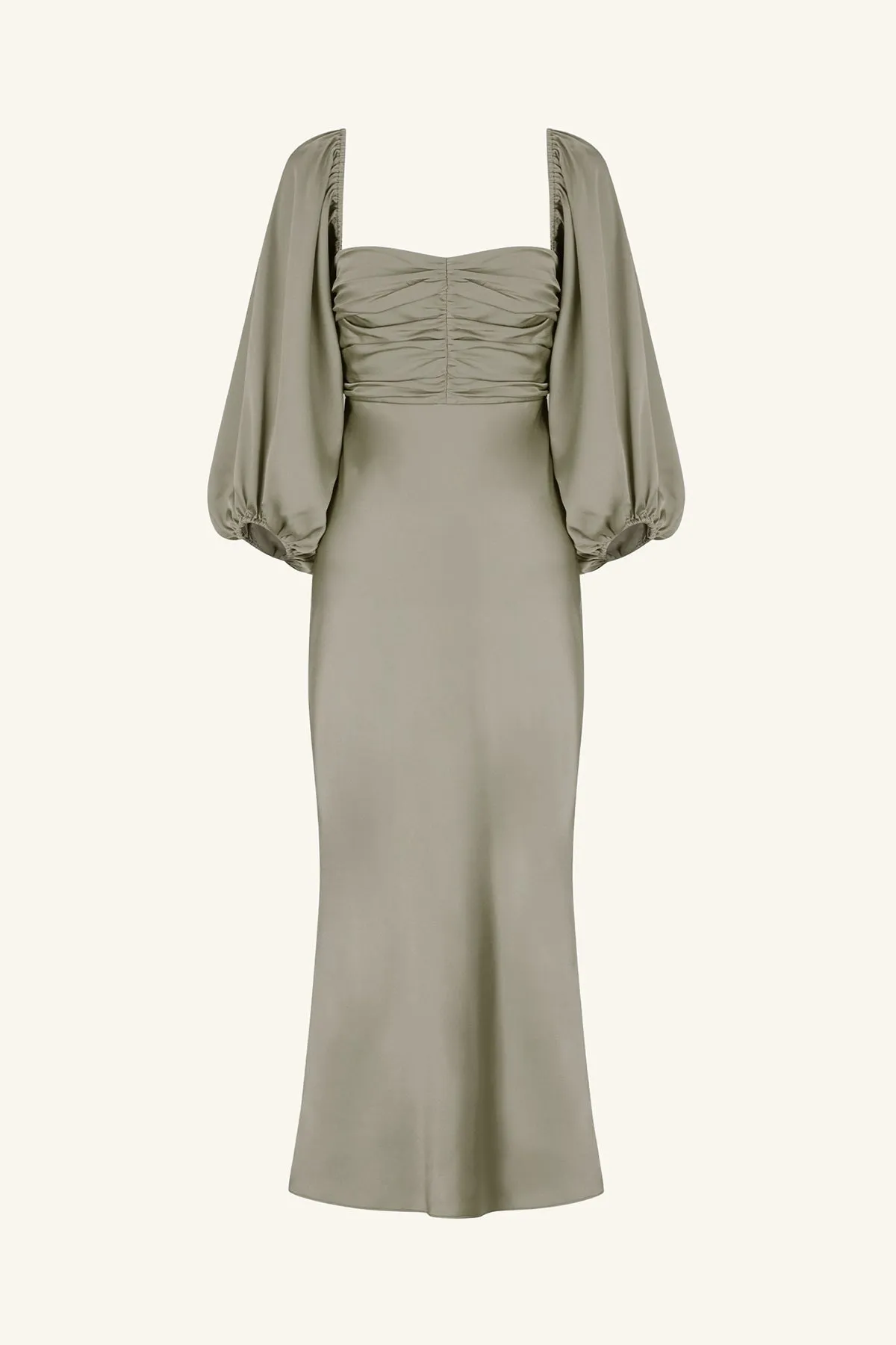 LUXE RUCHED BODICE LONG SLEEVE MIDI DRESS - EUCALYPTUS