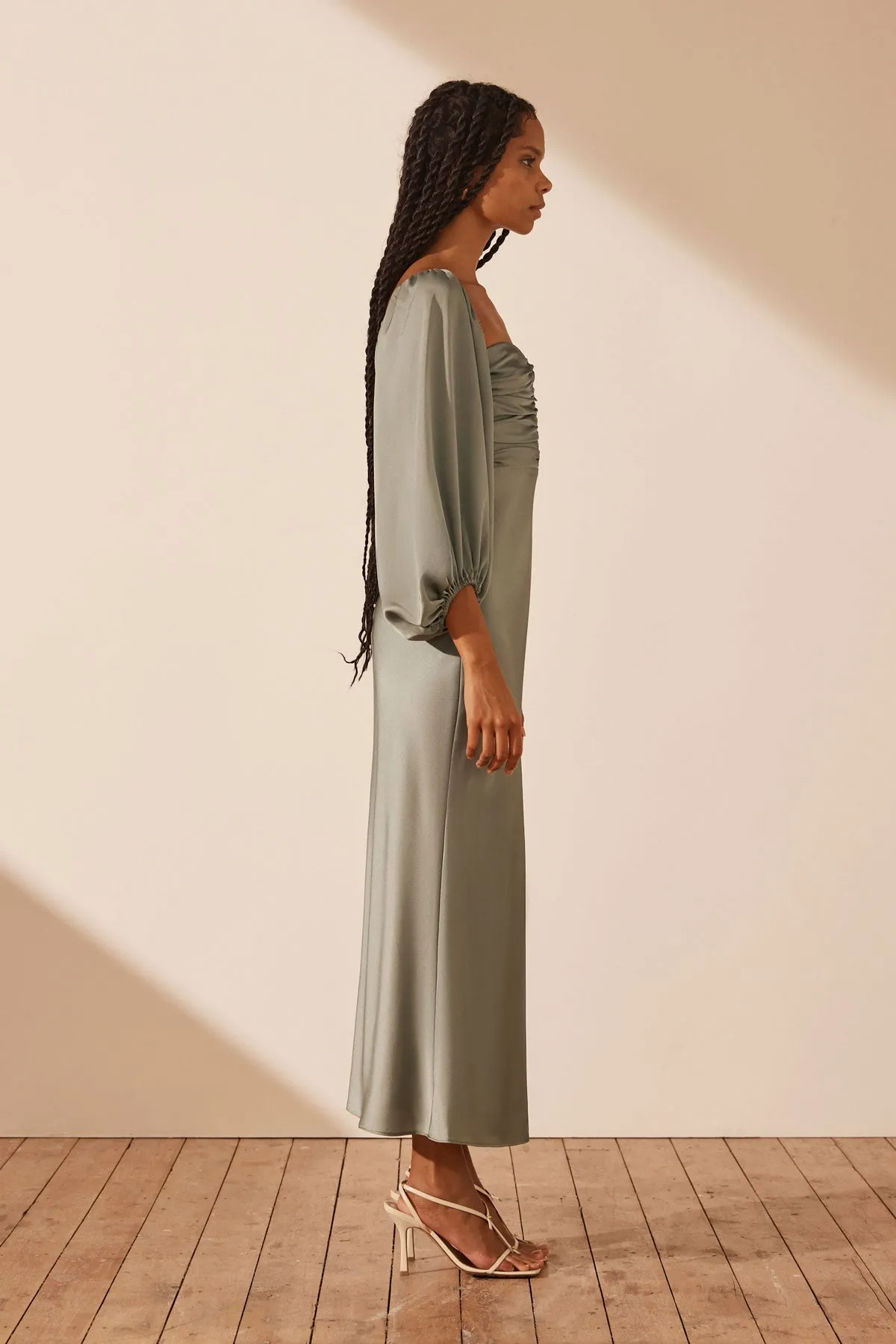 LUXE RUCHED BODICE LONG SLEEVE MIDI DRESS - EUCALYPTUS