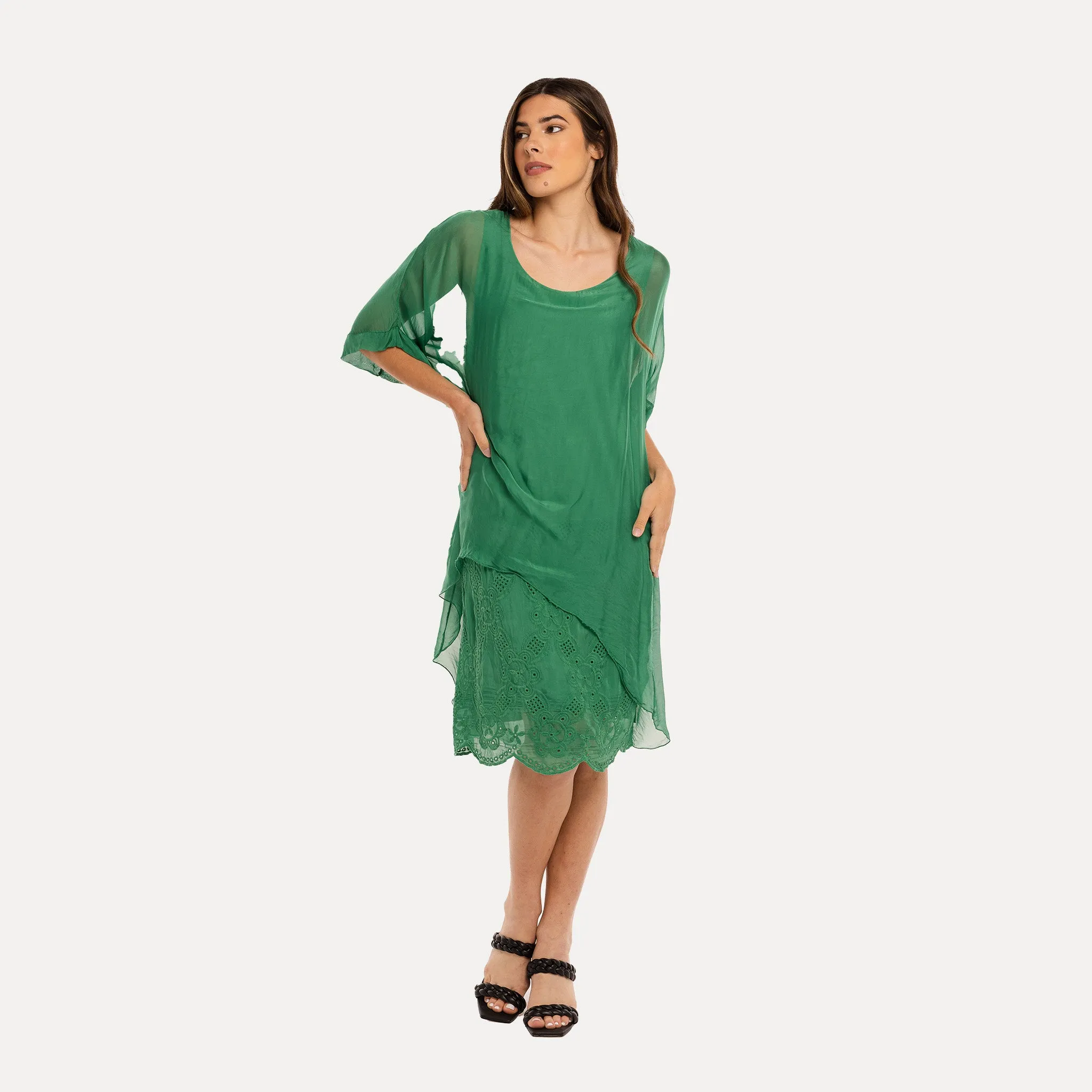 M Made in Italy  Women's Woven and Knitted Three-Quarter Sleeve Dress