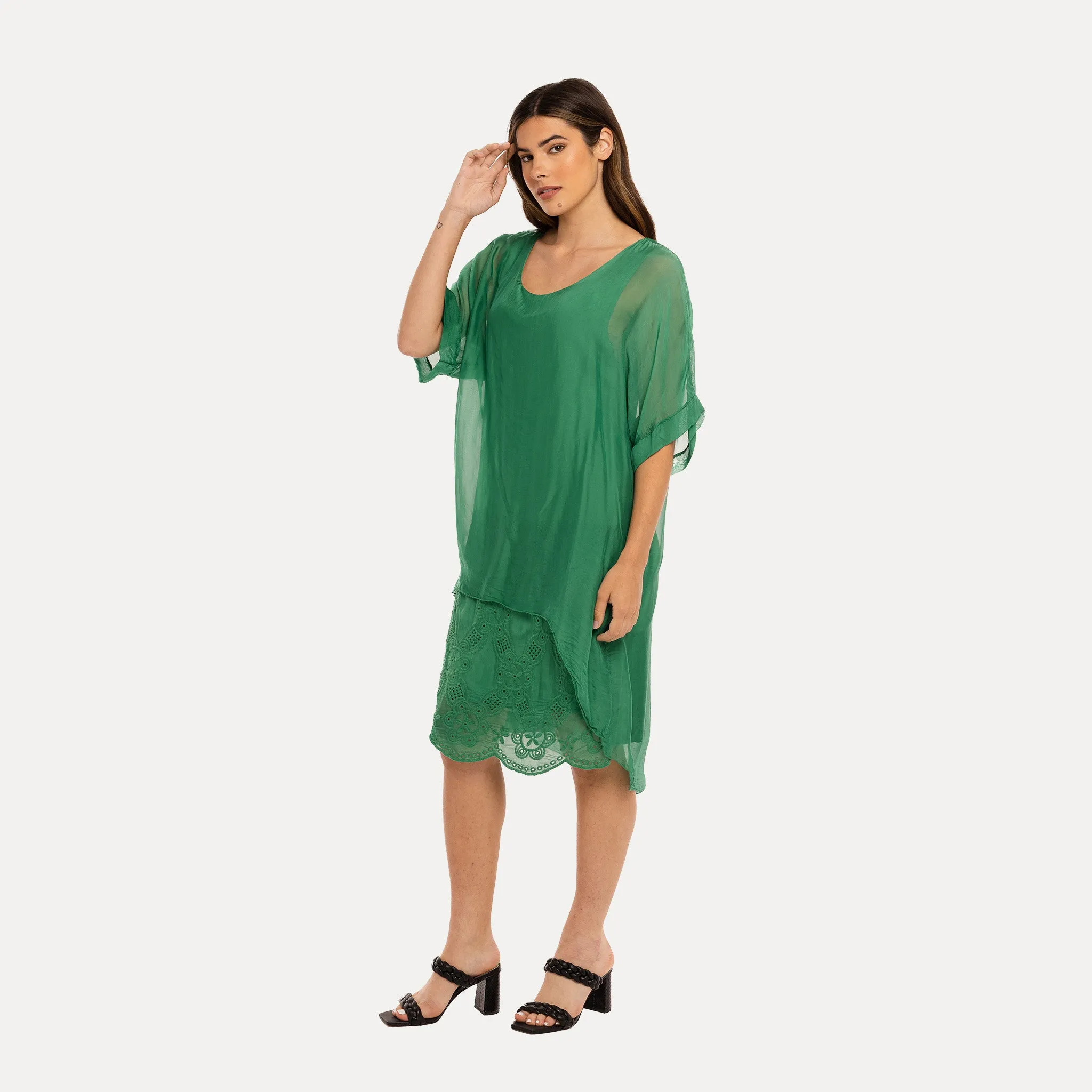 M Made in Italy  Women's Woven and Knitted Three-Quarter Sleeve Dress