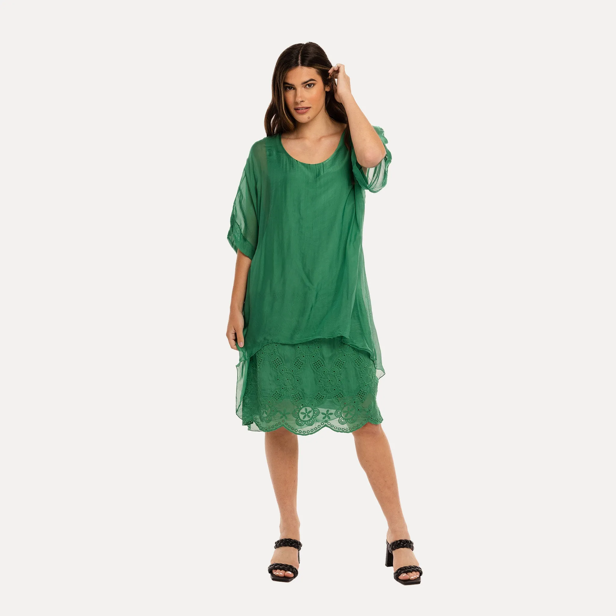 M Made in Italy  Women's Woven and Knitted Three-Quarter Sleeve Dress