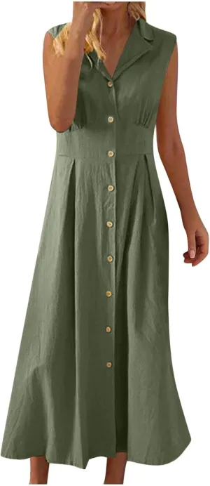 Maxi Dresses for Women 2025 Summer Elegant Linen Dress Sleeveless Button V Neck Collar Casual Beach Long Dresses