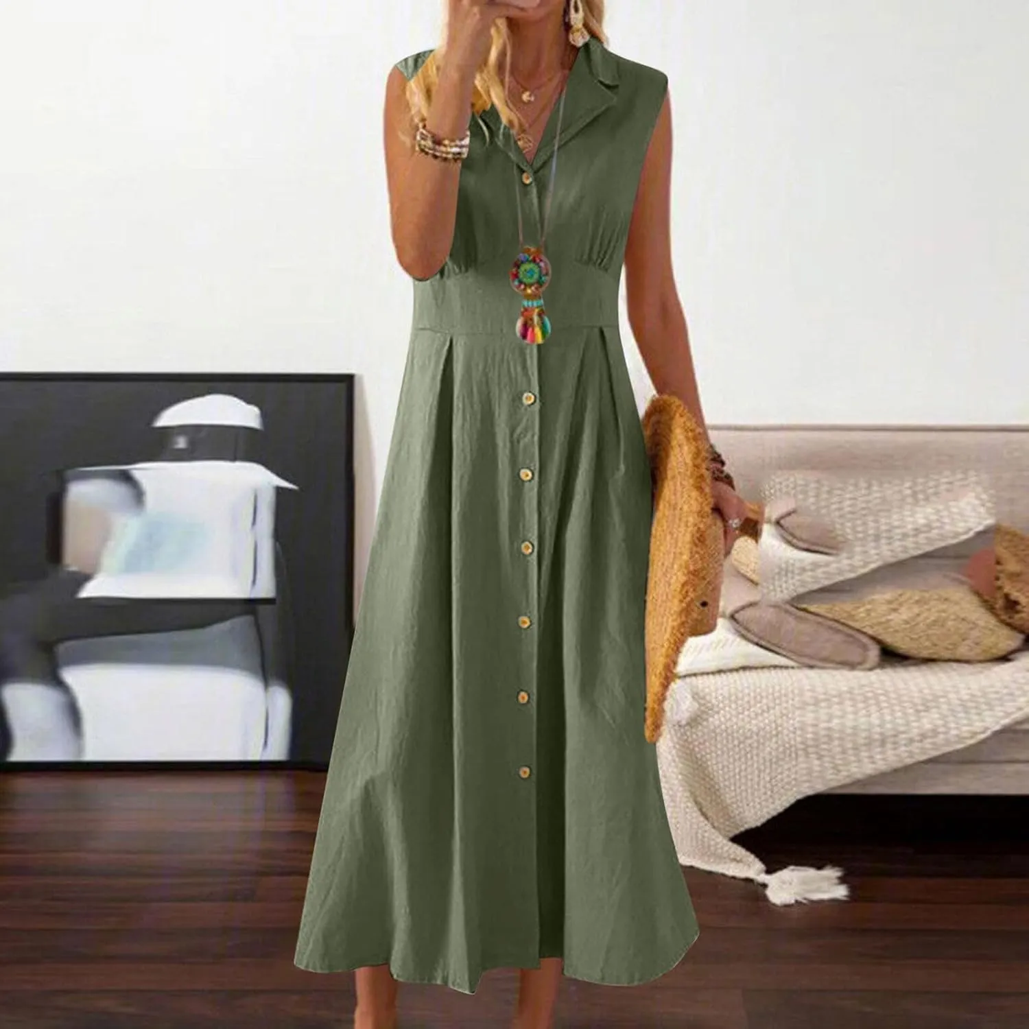 Maxi Dresses for Women 2025 Summer Elegant Linen Dress Sleeveless Button V Neck Collar Casual Beach Long Dresses