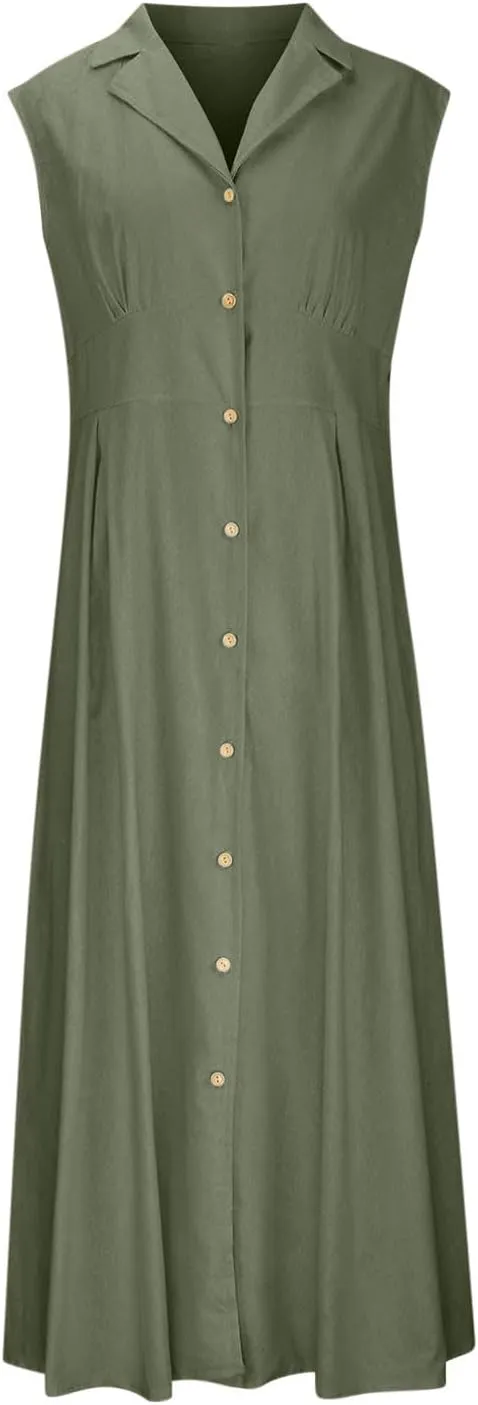 Maxi Dresses for Women 2025 Summer Elegant Linen Dress Sleeveless Button V Neck Collar Casual Beach Long Dresses