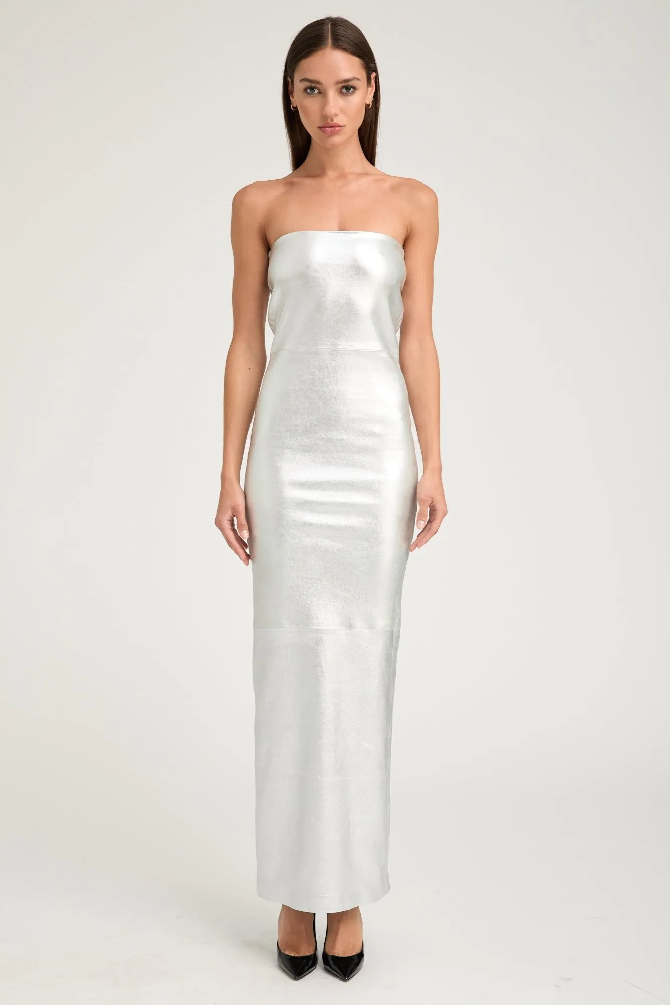 Metallic Silver Leather Gown