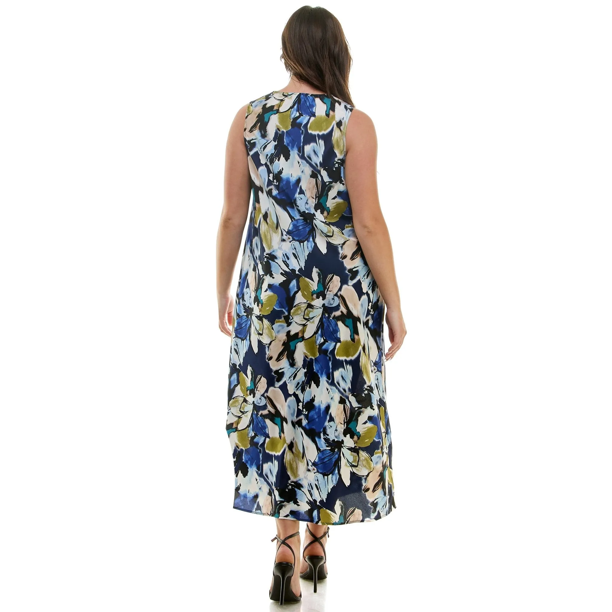 Navy Floral Sleeveless Midi Dress - Plus