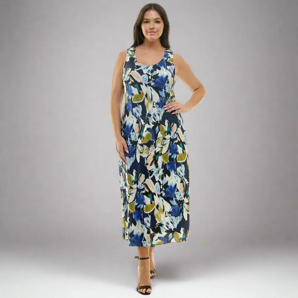 Navy Floral Sleeveless Midi Dress - Plus
