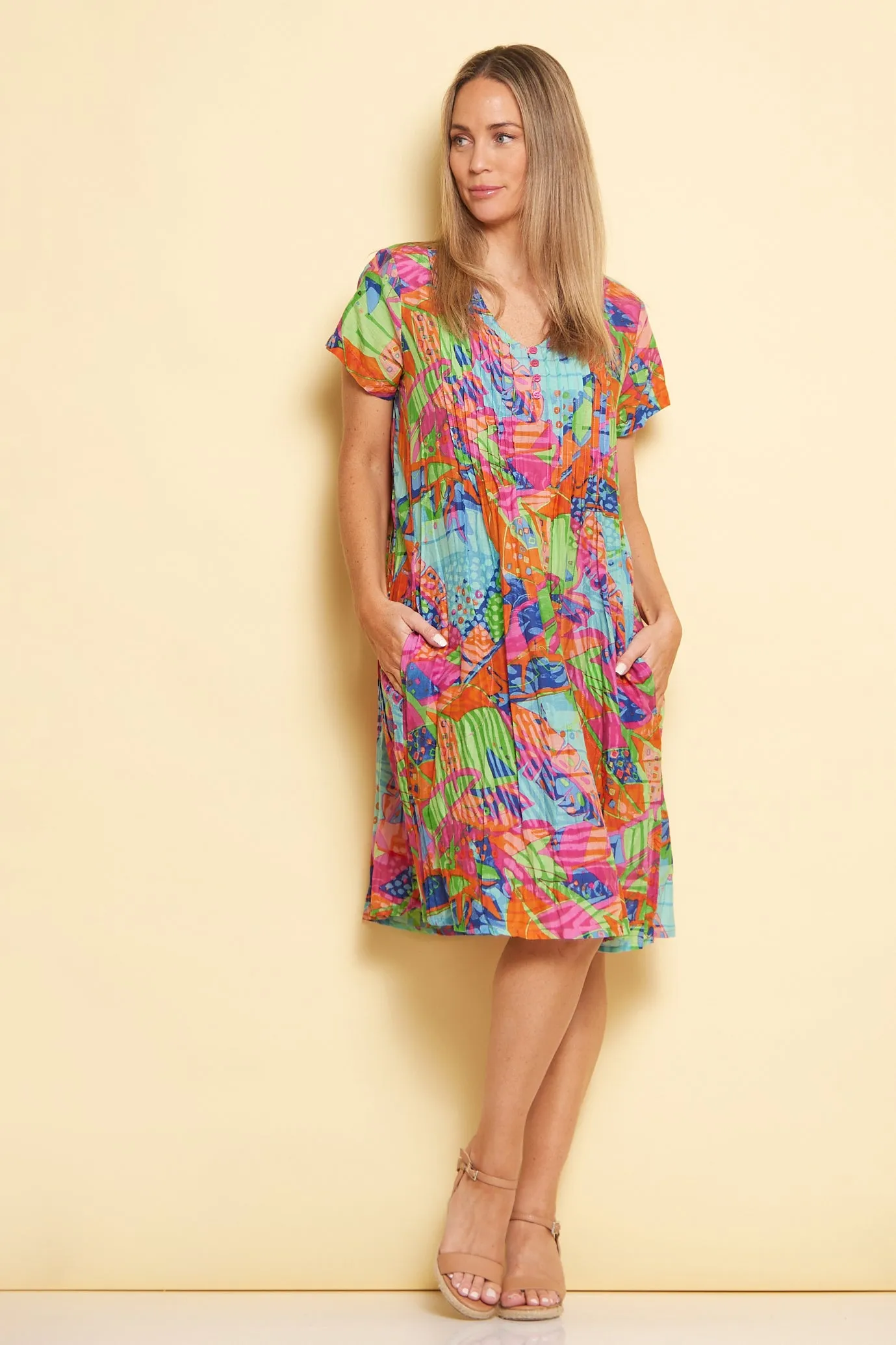 Nicola Cap Sleeve Cotton Dress - Banana Leaf